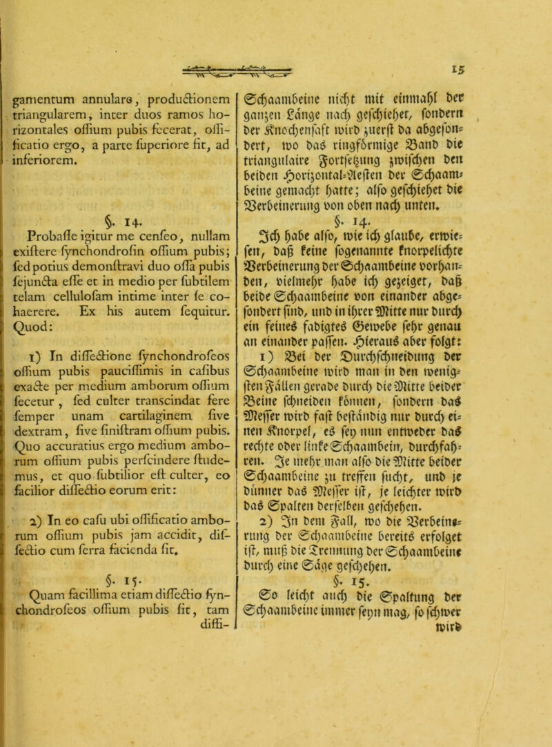 gamentum annulare, productionem triangulärem, inner duos ramos ho- rizontales oflium pubis fecerat, ofli- ficatio ergo, a parte fuperiore fit, ad inferiorem. ' > . • „ t . « §. 14. Probafle igitur me cenfeo, nullam exiliere fynchondrofin oflium pubis; fedpotius demonftravi duo ofla pubis fejun£la efTe et in medio per fubtilem telam cellulofam intime inter fe co- haerere. Ex his autem fequitur. I Quod: 1) In difle&ione fynchondrofeos oflium pubis pauciflimis in cafibus exadle per medium amborum ofTium fecetur , Ted culter transcindat fere femper unam cartilaginem five dextram, five finiflram ofhum pubis. Quo accuratius ergo medium ambo- rum oflium pubis perfcindere flude- mus, et quo fubtilior eft culter, eo facilior difledlio eorum erit: 2) In eo cafu ubi oflificatio ambo- rum oflium pubis jam accidit, dil- fedlio cum Terra facienda fit* / • Ir * ‘ . . §• M- Quam facillima etiam difledlio fyn- chondrofeos oflium pubis fit, tarn diffi— I 0d)aambeitte nicfjt mit einmal ber ganzen £ange nad) gcfd)ie(>et, fottbern t>er Änod&enfaft wirb ^uerfl ba abgefon* bert, wo batf ringförmige 23anb bie triangtilaire gortfegung uroifdjen beit beibett j£)orijontal*;>lefIen bei* 0d)aam* beine gemad)t f)atfe; alfo gefd)teljet bie SSerbeineriutg bott oben nad) unten* §. 14. 3cf) fjabe affo, wie id) glaube, ermic* feit, baß feine fogenannte fnorpelidjte SBerbeinerung ber0d)aambeine oorljaw beit, bielmefjr f)abe id) gejeiget, baß beibe 0cl)aambeine bon einanber abge* fonbert ftttb, uttb tu t^trer Sfftitte nur burd) ein feinet fabigteä 0etbebe fefjr genau an einanber paffen. .jpteraug aber folgt: 1) 23ei ber $)ur$f$netbung bet: 0d)aambehte mtrb man in ben wenig* fielt gdüett gerabe burd) bie Glitte beiber 23eitie fd)iteiben fonneu, fonbertt ba$ üftejfer wirb fafT beflaitbig nur burd) ei* nett Knorpel, e$ fet) nun entweber ba$ red)te ober linfe0cßaatnbein, burd)faf)* ren. 3e mehr man alfo bie üftitte beiber 0d)aantbeine ju treffen fud)t, unb je btintter baö SDteffer ifl, je leister wirb ba£ 0palten berfd6eit gefd)efjen. 2) bem gafl, wo bie 33erbeine* riiitcj ber 0d)aambeiite bereite erfolget ifl, muß bie Trennung ber0d)aambeitte burd) eine 0dge gefd)el)en* §• 15» 0o leidtt and) bie 0palfung ber 0d)aambeinc immer fepit mag, fo fd)wer wirb