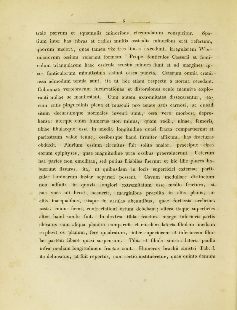 Lrale parvum et squamulis minoribus circumdatum conspicitur. Spa- tium inter lias libras et radios multis ossiculis minoribus erat refertum, quorum maiora , quae tamen vix tres lineas excedunt, irregularem Wor- mianorum ossium referunt formam. Prope fonticulos Casserii et fonti- culum triangularem liaec ossicula sensim minora fiunt et ad margines ip- sos fonticulorum minutissima sistunt ossea puncta. Ceterum omnia cranii ossa admodum tenuia sunt, ita ut hoc etiam respectu a norma recedant. Columnae vertebrarum incurvationes et distorsiones oculo manuive explo- ranti nullae se manifestant. Cum autem extremitates dissecarentur, ea- rum culis pinguedinis plena et musculi pro aetate satis carnosi, ac quoad situm decursumque normales inventi sunt, ossa vero morbosa depre- hensa: uterque enim humerus non minus, quam radii, ulnae, femoris, tibiae fibulaeque ossa in media longitudine quasi fracta comparuerunt et periosteum valde tenue, ossibusque haud firmiter affixum, lias fracturas obduxit. Plurium ossium circuitus fuit solito maior, praecipue circa eorum epiphyses ? quae magnitudine prae ossibus praevaluerunt. Ceterum hae partes non emollitae, sed potius friabiles fuerunt et hic illic plures ha- buerunt fissuras, ita, ut quibusdam in locis superficiei externae parti- culae laminarum instar separari possent. Cavum medullare distinctum non adfuit; in quovis longiori extremitatum osse medio fractura, sn hac voce uti liceat, occurrit, marginibus praedita in aliis planis, in aliis inaequalibus, ' iisque in assulas abeuntibus, quae fortassis crebriori ossis, minus firmi, contrectationi ortum debebant; altera itaque superficies alteri haud similis fuit. In dextrae tibiae fractura margo inferioris partis elevatus cum aliqua planitie comparuit et eiusdem lateris fibulam mediam explevit os planum, fere quadratum, inter superiorem et inferiorem fibu- lae partem libere quasi suspensum. Tibia et fibula sinistri lateris paullo infra mediam longitudinem fractae sunt. Humerus brachii sinistri Tab. I. >ita delineatus, ut fuit repertus, cum sectio institueretur, quae quinto demum