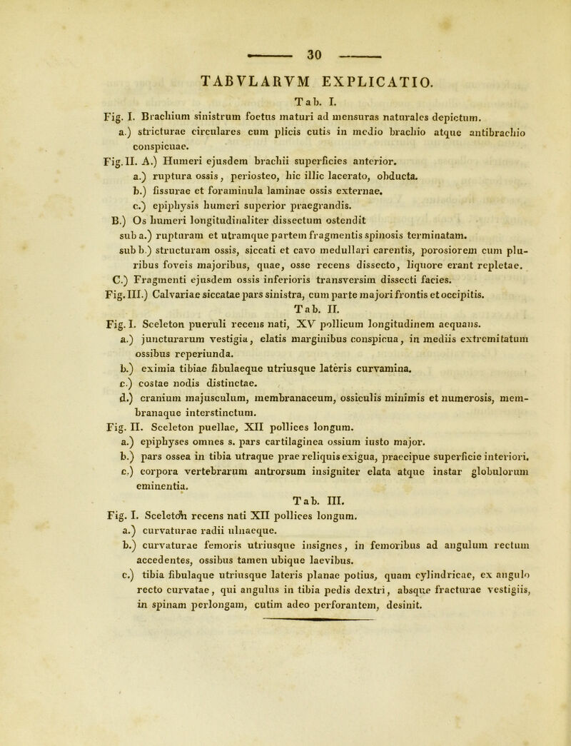 TABVLARYM EXPLICATIO. Tab. I. Fig. I. Bracilium sinistrum foetus maturi ad mensuras naturales depictum. a.) stricturae circulares cum plicis cutis in medio brachio atque antibrachio conspicuae. Fig.II. A.) Humeri ejusdem brachii superficies anterior. a. ) ruptura ossis, periosteo, liic illic lacerato, obducta. b. ) fissurae et foraminula laminae ossis externae. c. ) epiphysis humeri superior praegrandis. B. ) Os humeri longitudinaliter dissectum ostendit suba. ) rupturam et utramque partem fragmentis spinosis terminatam. subb. ) structuram ossis, siccati et cavo medullari carentis, porosiorem cum plu- ribus foveis majoribus, quae, osse recens dissecto, liquore erant repletae. C. ) Fragmenti ejusdem ossis inferioris transversim dissecti facies. Fig. III.) Calvariae siccatae pars sinistra, cum parte majori frontis et occipitis. Tab. II. Fig. I. Sceleton pueruli recens nati, XV pollicum longitudinem aequans. a. ) juncturarum vestigia, elatis marginibus conspicua, in mediis extremitatum ossibus reperiunda. b. ) eximia tibiae fibulaeque utriusque lateris curvamina. c. ) costae nodis distinctae. d. ) cranium majusculum, membranaceum, ossiculis minimis et numerosis, mem- branaque interstinctum. Fig. II. Sceleton puellae, XII pollices longum. a. ) epiphyses omnes s. pars cartilaginea ossium iusto major. b. ) pars ossea in tibia utraque prae reliquis exigua, praecipue superficie interiori. c. ) corpora vertebrarum antrorsum insigniter elata atque instar globulorum eminentia. Tab. III. Fig. I. Sceletcm recens nati XII pollices longum. a. ) curvaturae radii ulnaeque. b. ) curvaturae femoris utriusque insignes, in femoribus ad angulum rectum accedentes, ossibus tamen ubique laevibus. c. ) tibia fibulaque utriusque lateris planae potius, quam cylindricae, ex angulo recto curvatae, qui angulus in tibia pedis dextri, absque fracturae vestigiis, in spinam perlongam, cutim adeo perforantem, desinit.