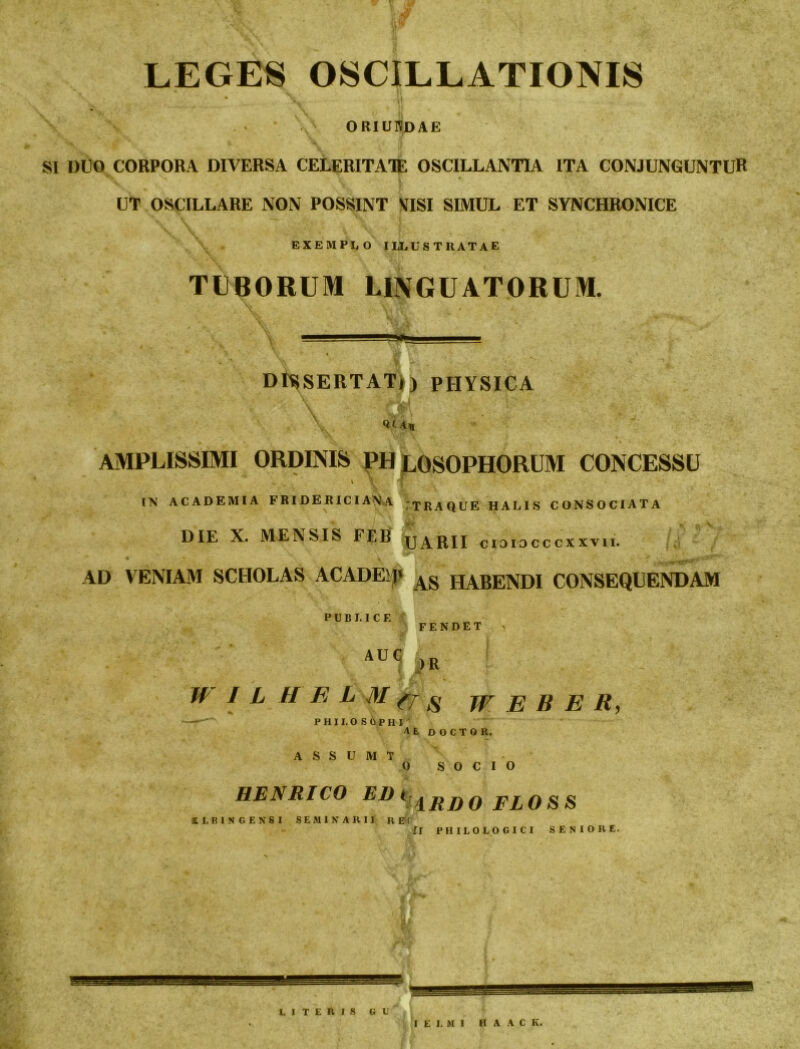 v LEGES OSCILLATIONIS • Nt ,1| ORIUUDAE SI DUO CORPORA DIVERSA CELERITATE OSCILLANTIA ITA CONJUNGUNTUR % ' i • UT OSCILLARE NON POSSINT VISI SIMUL ET SYNCHRONICE \ . EXEMPLO ILLUSTRATAE TUBORUM LINGUATORUM. \v r - - ' \ * H > DISSERTAT*) PHYSICA p® . ' ' i ' \ . , \ A), AMPLISSIMI ORDINIS PHLQSOPHORUM CONCESSU IN ACADEMIA FRIDERICIANA JTRAQUE HALIS CONSOCIATA DIE X. MENSIS FEB xj^RII ciorocccxxvii. AD VENIAM SCHOLAS ACADElf AS HABENDI CONSEQUENDAM PUBLICE AUC FENDET ) R W 1 L H E L M fi- s w E B E R, PHILOSOPHI AE DOCTO R. A S S U M T 0 SOCIO HENRICO EI) tr 4EDO FLOSS ELBIS GENS I SEMINARII REI fi PHILOLOGICI SENIORE. LITERIS G U I E L M I II A A C K.