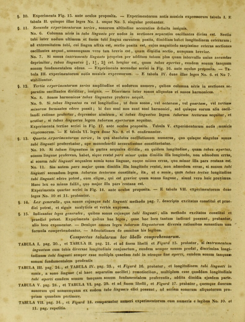 §. 10. Experimenta Fig. 15. ante oculos proposita. — Experimentorum notis musicis expressorum tabula I. E tabula II. quinque illae leges No. 1. usque No. 5. singulae probantur. §. 11. Secunda experimentorum series , sonorum altitudine accuratius definita insignis. No. 0. Columna aeris in tubo linguato per nodos in sectiones separatim oscillantes divisa est. Sectio tubi inter nodum ultimum et finem tubi lingua carentem posita, dimidiam habet longitudinem ceterarnm; ad extremitatem tubi, cui lingua affixa est, sectio posita est, cujus magnitudo saepissime ceteras sectiones oscillantes aequat, nonnunquam vero tam brevis est, quam dimidia sectio, nunquam brevior. No. 7. Si sonus instrumento linguato proprius per additum tubum plus quam intervallo unius secundae deprimitur, tubus linguatus f, 1|, 2| cet. longior est, quam tubus apertus, eundem sonum tanquam sonum fundamentalem edens. — Experimenta secundae seriei in Fig. 1G. ante oculos proposita. Ta- bula III. experimentorum notis musicis expressorum. -- E tabula IV. duae illae leges No. G. et No 7. stabiliuntur. §. 12. Tertia experimentorum series amplitudine et nodorum numero, quibus columna aeris in sectiones se- paratim oscillantes dividitur, insignis. — Discrimen iuter sonos aliquotos et sonos harmonicos. No. 8. Sonos harmonicos 'tubus linguatus proferre nequit. 1 • No. 9. Si tubus linguatus ea est longitudine, ut duos sonos, vel octavam, vel quartam, vel tertiam minorem formantes edere possit; hi duo soni non sunt soni harmonici, sed quisque eorum alia oscil- landi ratione profertur, depressior nimirum, si tubus linguatus legem tuborum tectorum sequitur, et acutior , si tubus linguatus legem tuborum apertorum sequitur. Experimenta tertiae seriei in Fig. 17. ante oculos proposita. Tabula V. experimentorum notis ; musicis expressorum. — E tabula VI. leges duae No. 8. et 9. confirmantur. §. 13. Quarta experimentorum series, in qua absolutus oscillationum numerus, quo quisque singulus sonus tubi linguati proferebatur, ope monochordii accuratissime constituebatur. No. 10. Si tubum linguatum in partes aequales dividis, ea quidem longitudine, quam tubus apertus, sonum linguae proferens, habet, sique restat pars minor quam dimidia illa longitudo, non admodum erras, si sonum tubi linguati aequalem sumis sono linguae, eoque minus erras, quo minor illa pars restans est. No. 11. Sin autem pars major quam dimidia illa longitudo restat, non admodum erras, si sonum tubi linguati secundum legem tuborum tectorum constituis, ita, ut e sonis, quos tubus tectus longitudine tubi linguati edere potest, eum eligas, qui est gravior quam sonus linguae, simul vero huic proximus. Haec lex eo minus fallit, quo major illa pars restans est. Experimenta quartae seriei in Fig. 18. ante oculos proposita. — E tabula VII. experimentorum duae leges No. 10 et 11. probantur. §. 14^ Lex generalis, qua sonus cujusque tubi linguati methodo pag. 7. descripto excitatus constitui et prae- dici potest, et signis analyticis ef. verbis expressa. §. 15. Indicantur leges generales, quibus sonus cujusque tubi linguati, alia methodo excitatus constitui et praedici potest. Experimenta quibus hae leges, quae hoc loco tantum indicari possunt, probantur, alio loco exponentur. — Denique omnes leges tuborum linguatorum diversis rationibus sonantium una formula comprehenduntur. — Adnotationes de omnibus his legibus. Conspectus tabularum hoc libello comprehensarum. TABULA I. pag. 20., et TABULA II. pag. 21. et ad finem libelli et Figura 15. probatur, si instrumentum inguatum cum tubis diversae longitudinis conjunctum, eundem semper sonum prodat, discrimina longi- tudinum tubi linguali semper esse multipla quaedam tubi in utroque fine aperti, eundem sonum tanquam sonum fundamentalem prodentis TABULA III. pag. 24., et TABULA IV. pag. 25., et Figura 10. probatur, et longitudinem tubi linguati in sonis a sono linguae (si haec separatim oscillet) remotioribus, ( multiplum esse quoddam longitudinis tubi aperti eundem sonum tanquam sonum fundamentalem proferentis, addita dimidia ejusdem parte. TABULA V. pag. 28., et TABULA VI. pag. 29. et ad finem libelli, et Figura 17. prabalur , quemque duorum sonorum qui nonnunquam ex eodem tubo linguato elici possunt, ad seriem sonorum aliquotorum pro- priam quandam pertinere. TABULA VII. pag. 34., et Figura 18. comparantur numeri experimentorum cum numeris e legibus No. 10. et 11. pag. repetitis. ,