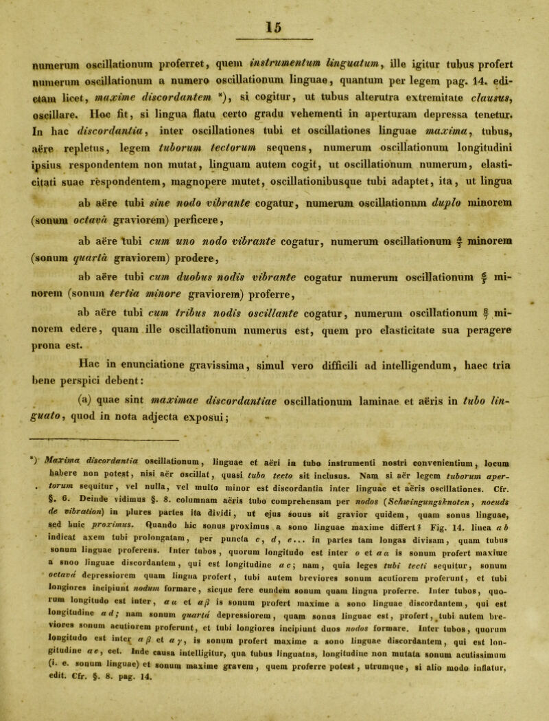 numerum oscillationum proferret, quem instrumentum linguatum, ille igitur tubus profert numerum oscillationum a numero oscillationum linguae, quantum per legem pag. 14. edi- ctam licet, maxime discordantem *), si cogitur, ut tubus alterutra extremitate clausus, oscillare. Hoc fit, si lingua flatu certo gradu vehementi in aperturam depressa tenetur. In hac discordantia, inter oscillationes tubi et oscillationes linguae maxima, tubus, aere repletus, legem tuborum tectorum sequens, numerum oscillationum longitudini ipsius respondentem non mutat, linguam autem cogit, ut oscillationum numerum, elasti- citati suae respondentem, magnopere mutet, oscillationibusque tubi adaptet, ita, ut lingua ab aere tubi sine nodo vibrante cogatur, numerum oscillationum duplo minorem . \ (sonum octava graviorem) perficere, ab aere tubi cum uno nodo vibrante cogatur, numerum oscillationum f minorem (sonum quarta graviorem) prodere, ab aSre tubi cum duobus nodis vibrante cogatur numerum oscillationum f mi- norem (sonum tertia minore graviorem) proferre, ab aere tubi cum tribus nodis oscillante cogatur, numerum oscillationum f mi- norem edere, quam ille oscillationum numerus est, quem pro elasticitate sua peragere prona est. ■ ' * Hac in enunciatione gravissima, simul vero difficili ad intelligendum, haec tria bene perspici debent: (a) quae sint maximae discordantiae oscillationum laminae et aeris in tubo lin- guato, quod in nota adjecta exposui; ) Maxima discordantia oscillationum, linguae et aeri in tubo instrumenti nostri convenientium, locum habere non potest, nisi aer oscillat, quasi tubo tecto sit inclusus. Nam si aer legem tuborum aper- . torum sequitur, vel nulla, vel multo minor est discordantia inter linguae et aeris oscillationes. Cfr. §. 6. Deinde vidimus §. 8. columnam aeris tubo comprehensam per nodos (SchwingutigsJcnoten, noeuds de vibralion) in plures partes ita dividi, ut ejus souus sit gravior quidem, quam sonus linguae, sed huic proximus. Quando hic sonus proximus a sono linguae maxime differt? Fig. 14. linea ab indicat axem tubi prolongatam, per puncta c, rf, e... in partes tam longas divisam, quam tubus sonum linguae proferens. Inter tubos, quorum longitudo est inter o et a a is sonum profert maxime a snoo linguae discordantem, qui est longitudine ac\ nam, quia leges tubi tecti sequitur, sonum octava depressiorem quam lingua profert, tubi autem breviores sonum acutiorem proferunt, et tubi longiores incipiunt nodum formare, sicque fere eundem sonum quam lingua proferre. Inter tubos, quo- lum longitudo est inter, au et a (i is sonum profert maxime a sono linguae discordantem, qui est longitudine ad; nam sonum quarta depressiorem, quam sonus linguae est, profert, ^tubi autem bre- viores sonum acutiorem proferunt, et tubi longiores incipiunt duos nodos formare. Inter tubos, quorum longitudo est inter a (i et a y, is sonum profert maxime a sono linguae discordantem, qui est lon- gitudine «e, cet. Inde causa intelligitur, qua tubus Iinguatns, longitudine non mutata sonum acutissimum (i. e. sonum linguae) et sonum maxime gravem, quem proferre potest, utrumque, si alio modo inflatur, edit. Cfr. §. 8. pag. 14.