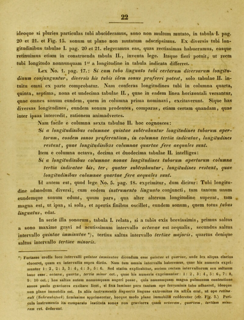 ideoque si pluries particulas tubi abscideramus, sono non multum mutato, in tabula I. pag. 20 et 21. et Fig. 15. sonum ut plane non mutatum adscripsimus. Ex diversis tubi lon- gitudinibus tabulae I. pag. 20 et 21. elegeramus eas, quas rectissimas habueramus, easque retinuimus etiam in construenda tabula II., inventa lege. Itaque fieri potuit, ut recta tubi longitudo nonnunquam 1 a longitudine in tabula indicata differret. Lex No. 1. pag. 17.: Si cum tubo linguato tubi certarum diversarum longitu- dinum conjunguntur, diversis his tubis idem sonus proferri potest, solo tabulae II. in- tuitu omni ex parte comprobatur. Nam conferas longitudines tubi in columna quarta, quinta, septima, nona et undecima tabulae II., quae in eadem linea horizontali versantur, quae omnes sonum eundem, quem in columna prima nominavi, excitaverunt. Sique has diversas longitudines, eundem sonum prodentes, comparas, etiam certam qnandam, quae inter ipsas intercedit, rationem animadvertes. Nam facile e columna sexta tabulae II. hoc cognosces: Si a longitudinibus columnae quintae subtrahuntur longitudines tuborum aper- torum, eosdem sonos proferentium, in columna tertia indicatae, longitudines restant, quae longitudinibus columnae quartae fere aequales sunt. Item e columna octava, decima et duodecima tabulae II. intelliges: Si a longitudinibus columnae nonae longitudines tuborum apertorum columna tertia indicatae bis, ter, quater subtrahuntur, longitudines restant, quae longitudinibus columnae quartae fere aequales sunt. Id autem est, quod lege No. 5. pag. 18. exprimitur, dum dicitur: Tubi longitu- dine admodum diversi, cum eodem instrumento linguato conjuncti, tum tantum unum eundemque sonum edunt, quum pars, qua alter alterum longitudine superat, tam , magna est, ut ipsa, si sola, et apertis finibus oscillet, eundem sonum, quem totus tubus linguatus, edat. In serie illa sonorum, tabula I. relata, si a tubis exis brevissimis, primus saltus a sono maxime gravi ad acutissimum intervallo octavae est aequalis, secundus saltus intervallo quintae imminutae *), tertius saltus intervallo tertiae majoris, quartus denique saltus intervallo tertiae minoris. *) Fortasse credis loco intervalli quintae imminutae dicendum esse quintae et quartae, unde lex aliqua clarius eluceret, quam ex intervallis supra dictis. Nam tum omnia intervalla haberemus, quae his numeris expri- muntur 1:2, 2: 3, 3: 4, 4: 5, 5:0. Sed statim explicabitur, seriem rectam intervallorum seu saltuum hanc esse, octava, quarta, tertia minor cet., quae his numeris exprimuntur: 1: 2, 3: 4,5: 6, 7: 8, 9: 10 cet.; hos saltus autem nonnunquam augeri posse, quia nonnunquam magna pulmonum contentione sonos paulo graviores excitare licet, si fixa laminae pars tantum ope ferruminis tubo adhaeret, ideoque non plane immobilis est. In aliis instrumentis linguatis linguae extremitas ita affixa erat, ut ope retina- culi (Scfiraubs.tock) firmissime apprimeretur, hocque modo plane immobilis redderetur (cfr. Fig. 5.) Peri- cula instrumento ita comparato instituta sonos non graviores quam octavam, quartam, tertiam mino- rem cet. dederunt.