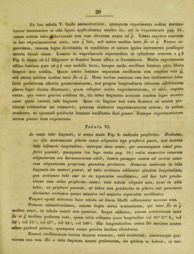Ex hac tabula V. facile animadvertitur, quanquam experimenta eodem institue- bantur instrumento et tubivlignei applicabantur similes iis, qui in experimentis pag. 24., tamen sonum tubo abbreviando non esse elevatum usque ad g. Limes superior sonorum in hac experirnentorum serie, non g fuit, sed sonus medius interas et g. Postea co- gnovimus, causam hujus discriminis in conditione et natura ipsius instrumenti paullisper mutata fuisse sitam. Lamina in experimentis superioribus in cylindrum aeneum a gh Fig. 3. usque ad k l diligenter et firmiter fuerat affixa et ferruminata. Multis experimentis affixa laminae pars ad g A erat mobilis facta, hocque modo oscillans laminae pars libera longior erat reddita. Quare sonus laminae separatim oscillantis non amplius erat g, sed sonus quidam medius inter fis et g. Hanc seriem sonorum cum hoc instrumento labe- facto prolatorum silentio praetermisissem, nisi propter longitudinem tuborum adhibitorum plures leges clarius illustraret, quam reliquae series experimentorum, et nisi, cognita causa, qua sonus gravior redditus sit, hic tubus linguatus accurate easdem leges secutus esset quam caeteri, tubi linguati. Quae vis linguae non satis firmatae ad sonum gra- viorem reddendum me commovit, quartam instituere experimentorum seriem, in quibus curabatur, ne ejusmodi productio laminae oscillantis fieri posset. Eamque experimentorum seriem postea item exponemus. Tabula VI. de sonis tubi linguati, si sonus modo Fig. 8. indicato profertur. Probaturi ex illo instrumento plures sonos aliquotos non proferri posse, nisi mutata tubi adjuncti longitudine, inter que duos sonos, qui nonnunquam simul pro- ferri possint, quanquam (ex lege tertia pag. 18.) ratio) numerica sonorum aliquotorum seu harmonicorum adsit, tamen quemque sonum ad seriem sono- rum aliquotorum propriam quandam pertinere. Numerus nodorum in tubo linguato ita mutari potest, ut tubo sectiones addantur ejusdem longitudinis, qua sectiones tubi sint in eo separatim oscillantes, sed hac tubi produ- ctione non alius profertur sonus; soni autem aliquoti non, sicut in aliis tubis, eo proferri possunt, ut tubus non productus in plures aut pauciores dividatur sectiones novas minores vel majores separatim oscillantes. Propter • spatii defectum haec tabula ad finem libelli collocaretur necesse erat. Primum animadvertimus, sonum hujus seriei acutissimum, qui inter fis et g medius esset, in tabula notari non potuisse. Itaque addimus, sonum acutissimum inter Jis et g medium prolatum esse, quum aeris columna esset longitudine vel 16 2' 6, vel 34, vel 51, vel G7, vel 83, vel 100. His longitudinibus sonus ille maxime acutus adhuc profeni poterat, quanquam sonus gravior facilius eliciebatur. Numeri oscillationum horum duorum sonorum, soni acutissimi, sonorumque gra- viorum una cum illo e tubo linguato nostro prolatorum, ita quidem se habent, ut uno