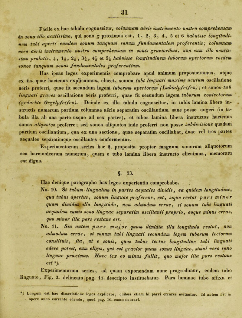 % Facile ex hac tabula coguoscitur, columnam aeris instrumento nostro comprehensam in sono illo acutissimo, qui sono g proximus est, 1, 2, 3, 4, 5 et 6 habuisse longitudo nem tubi aperti eundem sonum tanquam sonum fundamentalem proferentis; columnam cero aeris instrumento nostro comprehensam in sonis gravioribus, una cum illo acutis- simo prolatis, £, 1-|, 2|, 3£, 4£ et 5-| habuisse longitudinem tuborum apertorum eosdem sonos tanquam sonos fundamentales proferentium. Has ipsas leges experimentis comprobare apud animum proposueramus, atque ex iis, quae hactenus explicuimus, elucet, sonum tubi linguati maxime acutum oscillatione aeris proferri, quae fit secundum legem tuborum apertorum (Labialpfeifen)\ et sonos iub linguati graves oscillatione aeris proferri, quae fit secundum legem tuborum contectorum (gedackte Orgetpfeifen), Deinde ex illa tabula cognoscitur, in tubis lamina libera in* structis numerum partium columnae aeris separatim oscillantium sane posse augeri (in ta- bula illa ab una parte usque ad sex partes), et tubos lamina libera instructos hactenus sonos aliquotos proferre; sed sonos aliquotos inde proferri non posse subdivisione quadam partium oscillantium, qua ex una sectione, quae separatim oscillabat, duae vel tres partes aequales separatimque oscillantes conformentur. Experimentorum series hac §. proposita propter magnum sonorum aliquotorum seu harmonicorum numerum, quem e tubo lamina libera instructo elicuimus, memoratu est digna. §. 13. i Hac denique paragrapho has leges experientia comprobabo. No. 10. Si tubum linguatum in partes aequales dividis, ea quidem longitudine, qua tubus apertus, sonum linguae proferens, est, sique restat pars minor quam dimidia illa longitudo, non admodum erras, si sonum tubi linguati aequalem sumis sono linguae separatim oscillanti proprio, eoque minus erras, quo minor illa pars restans est. No. 11. Sin autem pars major quam dimidia illa longitudo restat, non admodum erras, si sonum tubi linguati secundum legem tuborum tectorum constituis, ita, ut e sonis, quos tubus tectus longitudine tubi linguati edere potest, eum eligis, qui est gravior quam sonus linguae, simul vero sono linguae proximus. Haec lex eo minus fallit, quo major illa pars restans est *).' Experimentorum series, ad quam exponendam nunc progredimur, eodem tubo linguato, Fig. 3. delineato pag. 11. descripto instituebatur. Pars laminae tubo affixa et *) longum est hac dissertatione leges explicare, quibus etiam hi parvi errores evitantur. Id autem fiet in - opere anno currente edendo , quod pag. 10. commemoravi.