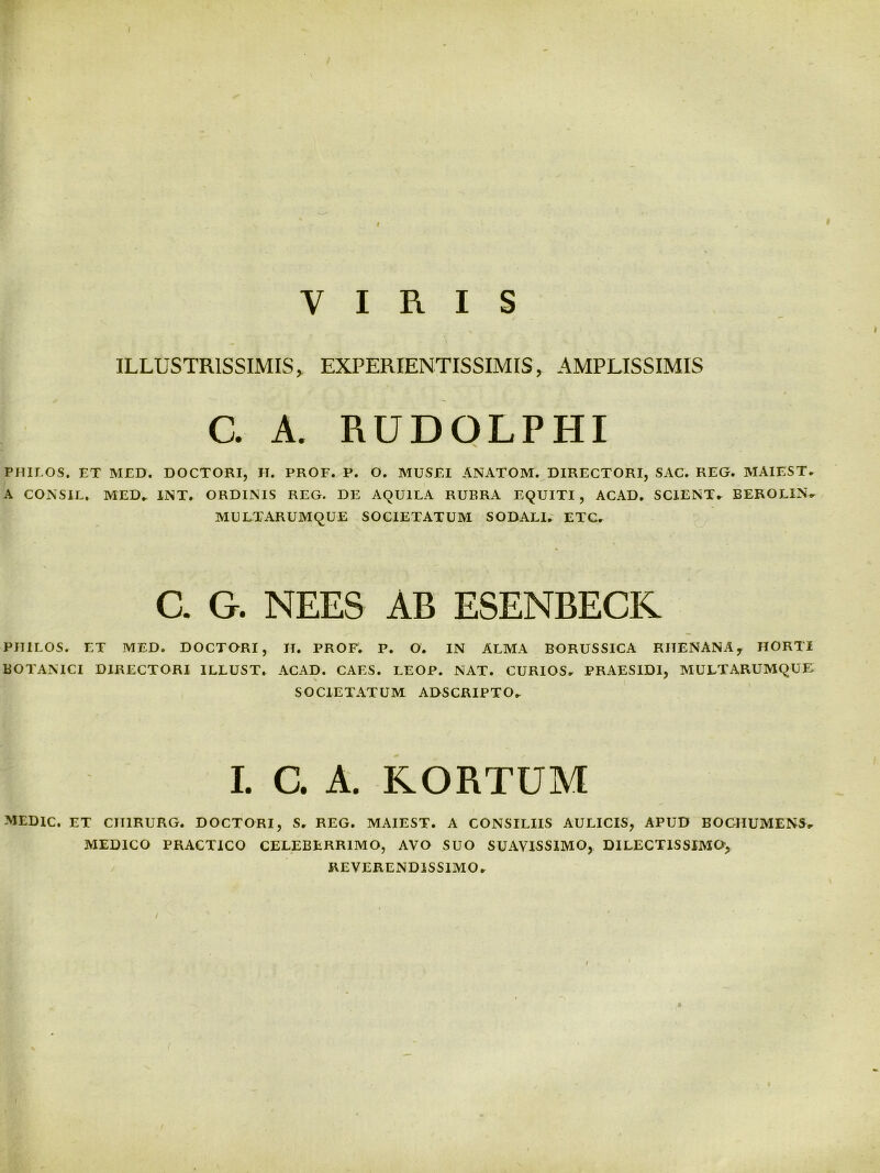 f 9 VIRIS ILLUSTRISSIMIS, EXPERIENTISSIMIS, AMPLISSIMIS C. A. RUDOLPHI X PHir.OS. ET MED. DOCTORI, IT. PROF. P. O. MUSEI ANATOM. DIRECTORI, SAC. REG. MAIEST, A CONSIL. MED.. liST. ORDINIS REG. DE AQUILA RUBRA EQUITI, ACAD, SCIENT» BEROLIN» MULTARUMQUE SOCIETATUM SODALI, ETC. c. G. NEES AB ESENBECR PITILOS. ET MED. DOCTORI, H. PROF. P. O. IN ALMA BORUSSICA RIIENANAy HORTI BOTANICI DIRECTORI ILLUST. ACAD. CAES. LEOP. NAT. CURIOS, PRAESIDI, MULTARUMQUE SOCIETATUM ADSCRIPTO» I. c. A. KORTUM MEDIC. ET CIIIRURG. DOCTORI, S, REG. MAIEST. A CONSILIIS AULICIS, APUD BOCIIUMENS» MEDICO PRACTiCO CELEBERRIMO, AVO SUO SUAVISSIMO, DILECTISSIMO, REVERENDISSIMO,