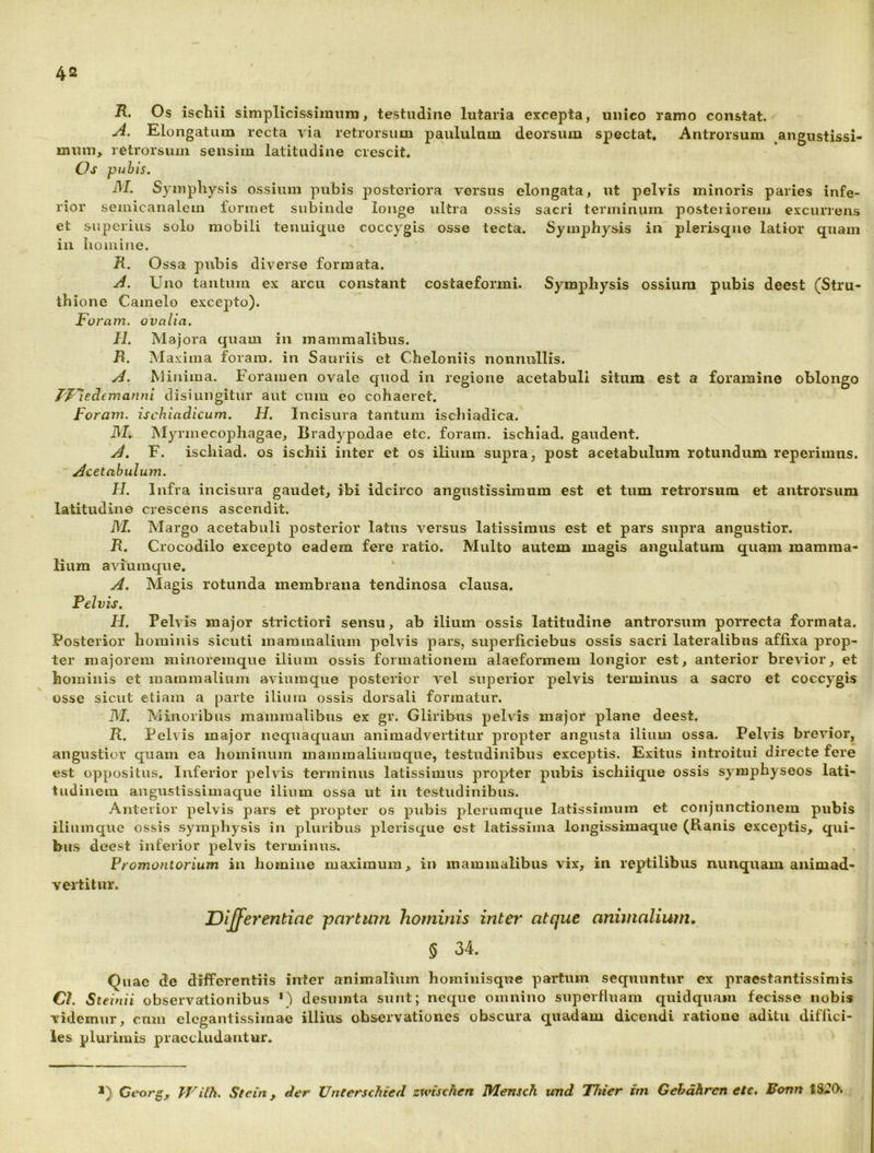 R. Os ischii simplicissiimim, testudine lutaria excepta, unico ramo constat. Elongatum recta via retrorsum paululum deorsum spectat. Antrorsum ,angustissi- mum> retrorsum sensim latitudine crescit. Os puhis. M. Sympliysis ossium pubis posteriora versus elongata, ut pelvis minoris paries infe- rior semicanalem formet subinde longe ultra ossis sacri terminum posteiiorem excurrens et superius solo mobili tenuique coccygis osse tecta. Symphysis in” plerisqne latior quam in Iiomine. R. Ossa pubis diverse formata. Uno tantum ex arcu constant costaeforini. Symphysis ossium pubis deest (Stru- thione Camelo excepto). Foram. ovalia. H. Majora quam in mammalibus. R. M axima foram. in Sauriis et Cheloniis nonnullis. Minima. Foramen ovale quod in regione acetabuli situm est a foramine oblongo F^ledemanni disiungitur aut cum eo cohaeret. Foram. ischiadicum. H. Incisura tantum ischiadica. iVI, IMyrmecophagae, Bradypo,dae ete. foram. ischiad. gaudent. F. ischiad. os ischii inter et os ilium supra, post acetabulum rotundum reperiiniis. /Acetabulum. II. Infra incisura gaudet, ibi idcirco angustissimum est et tum retrorsum et antrorsum latitudine crescens ascendit. M. Margo acetabuli posterior latus versus latissimus est et pars supra angustior. R. Crocodilo excepto eadem fere ratio. Multo autem magis angulatum quam mamma- lium aviumque. yA. Magis rotunda membrana tendinosa clausa. Pelvis. H. Pelvis major sti*ictiori sensu, ab ilium ossis latitudine antrorsum porrecta formata. Posterior hominis sicuti mammalium pelvis pars, superficiebus ossis sacri lateralibus affixa prop- ter majorem minoremque ilium ossis formationem alaeformem longior est, anterior brevior, et hominis et mammalium aviumque posterior vel superior pelvis terminus a sacro et coccygis osse sicut etiam a parte ilium ossis dorsali formatur. M. Minoribus mammalibus ex gr. Gliribus pelvis major plane deest. R. Pelvis major nequaquam animadvertitur propter angusta ilium ossa. Pelvis brevior, angustior quam ea hominum inaiinnaliumque, testudinibus exceptis. Exitus introitui directe fere est oppositus. Inferior pelvis terminus latissimus propter pubis ischiique ossis symphyseos lati- tudinem angustissimaque ilium ossa ut in testudinibus. Anterior pelvis pars et propter os pubis plerumque latissimum et conjunctionem pubis iliuinquc ossis symphysis in pluribus plerisque est latissima longissimaque (Ranis exceptis, qui- bus deest inferior pelvis terminus. Promontorium in homine maximum, in mammalibus vix, in reptilibus nunquam animad- vertitur. Differentiae -partum hominis inter atque animalium, § 34. Quae de differentiis inter animalium homiiiisquc partum sequuntur ex praestantissiniis Cl. Steinii observationibus *) desinnta sunt; neque omnino superfluam quidquani fecisse nobis videmur, cum elegantissimae illius observationes obscura quadam dicendi ratione aditu diffici- les plurimis praecludantur. Georg, WUh. Slein, der UnCerschted zwischen Memch uitd Tfiier im Gehdhren ete, Bonn