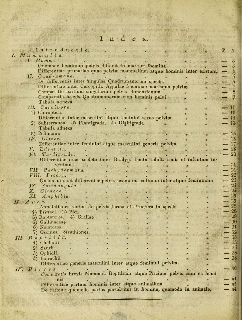 I n d Introductio. , , . , . « I. ]\1 a m m a Lia» L Homo. Quomodo hominum pelyis differat in mare et foemina Differentiae primariae quae pelyim mammalium atque Irominia inter existunt IZ 0 uadrum arta, De differentiis inter lingulas Quadrumanorum species ^ , Differentiae inter Cercopith. Aygulae foeminae raarisque pelvim Comparatio partium singularum pelvis dimensionum ^ Comparatio brevis Quadjumanorum cum hominis pelvi ^ , Tabula adnexa 111. Carnivora. , , , ; 1) Chiroptera ..... Differentiae inter masculini atque feminini sexua pelvim 12) Subterranea. 3) Plantigrada. 4) Digitigrada Tabula adnexa 5) Pedimana ..... Glir es. ..... Differentiae inter feminini atque masculini generis pelvim 1^. Edentata,. . . . . ^ EJ. Tardigrada. Differentiae quas sceleta inter Bradyp. femin. adult, senis et infantum in- venimus .... VJI. Fachydermata. VIII. Pecora. Quaenam sunt differentiae pelvis sexum masculinum inter atque femininum IX. S oli d un g ul a. . ^ ^ X. Ce tace a. . , . . XI. Amp hib ia. ..... IT. A 'Dos. . . . . • . Annotationes variae de pelvis forma et structura in specie i) Psittaci. 2) Pici. .... 3) Pmptatorcs. 4) Grallae .... 5) Gallinaceae . .... 6) Natatores. . .... 7) Oscines. Struthiones, .... 111. JR. e ]) e i l i ja. . . . . . 1) Chelonii ..... 2) Saurii ..... 3) Ophidii. .....* 4) Batrachii . . .♦ Differentiae generis masculini inter atque feminini pelvim ly, Pisces.* • • ^ ^ * Comparatio brevis Mammal. Reptilium atque Piscium pelvis cum ea liorai- nis, .... Differentiae partum hominis inter atque animalium De ratione quomodo partus persolvitur in homine, quomodo iu animale* P. 1 — 3 ^ 3 4 — 5 — 5 — 7 — 8 — 9 — 10 — 10 11 — 13 15 15 17 18 ^ 20 ^ — 21 — 21 J — 22 ■; ^ 23 — 24^ w- 24 - — 25 ^ 25 — 28 • ^ 28 — 29 — 30 — 31 — 32 n 'y 00 — oo — 36 ~ 38 — 38 — 40 — 41 — 45 ^ 44