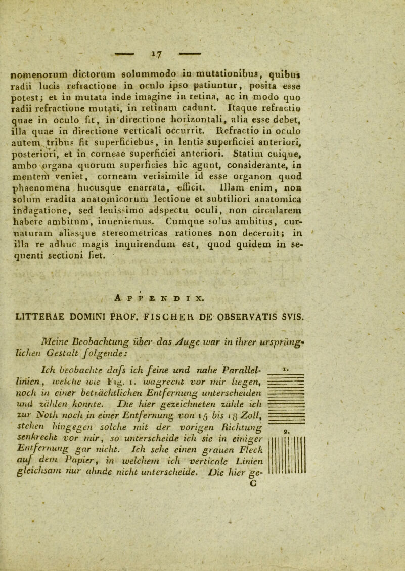 ) - ‘V*- ' • nomenorum dictorum solummodo in mutationibus, quibus radii lucis refractione in oculo ipso patiuntur, posita esse potest; et in mutata inde imagine in retina, ac in modo quo radii refractione mutati, in retinam cadunt. Itaque refractio quae in oculo fit, in directione horizontali, alia esse debet, illa quae in directione verticali occurrit. Refractio in oculo autem ,tribus fit superficiebus, in lentis superficiei anteriori, posteriori, et in corneae superficiei anteriori. Statim cuique, ambo Norgana quorum superficies hic agunt, considerante, in xnentenl veniet, corneam verisimile id esse organon quod phaenomena hucusque enarrata, efficit. Illam enim, non solum eradita anatomicorum lectione et subtiliori anatomica i 0 indagatione, sed ieuissimo adspectu oculi, non circularem habere ambitum, inuenitinus. Cumque sofus ambitus, cur- uaturam aliasque stereometricas rationes non decernit; in illa re adhuc magis inquirendum est, quod quidem in se- quenti sectioni fiet. » Appendix. LITTERAE DOMINI PROF. F1SCHER DE OBSERVATIS SVIS. Meine Beobachtung uber das Auge war in ihrer urspriing- lichen Gestalt folgende: Ich beobachte dafs ich feine und nahe Parallel- lini en, ivelche ivie lug. i. wagrecnt vor mir Liegent noch in einer bett dchtlichen Kntfernung unterscheiden und zahlen konnte. Die hier gezeichneten zcihle ich zur Noth noch in einer Entfernung von 15 bis 1 Zoll, stehen hingegen solche init der v ori geri Richtung senkrecht vor mir, so unterscheide ich sie in einiger Entfernung gar nicht. Ich sehe einen grauen Fleck auf dem Papicr, in welchem ich verticale Linien gleichsam nur ahnde nicht unterscheide. Die hier ge- C