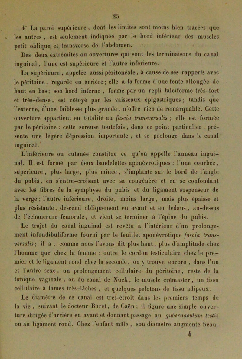 V La paroi supérieure , dont les limites sont moins bien tracées que les autres , est seulement indiquée par le bord inférieur des muscles petit oblique et transverse de l’abdomen. Des deux extrémités ou ouvertures qui sont les terminaisons du canal inguinal , l’une est supérieure et l’autre inférieure. La supérieure , appelée aussi péritonéale, à cause de ses rapports avec le péritoine, regarde en arrière; elle a la forme d’une fente allongée de haut en bas; son bord interne , formé par un repli falciforme très-fort et très-dense, est côtoyé par les vaisseaux épigastriques ; tandis que l’externe, d’une faiblesse plus grande, n’offre rien de remarquable. Celte ouverture appartient en totalité au fascia transversalis ; elle est formée par le péritoine : cette séreuse toutefois, dans ce point particulier, pré- sente une légère dépression importante , et se prolonge dans le canal inguinal. L’inférieure ou cutanée constitue ce qu’on appelle l’anneau ingui- nal. Il est formé par deux bandelettes aponévrotiques : l’une courbée, supérieure, plus large, plus mince, s’implante sur le bord de l’angle du pubis, en s’entre-croisant avec sa congénère et en se confondant avec les fibres de la symphyse du pubis et du ligament suspenseur de la verge; l’autre inférieure, droite, moins large, mais plus épaisse et plus résistante, descend obliquement en avant et en dedans, au-dessus de l’échancrure fémorale, et vient se terminer à l’épine du pubis. Le trajet du canal inguinal est revêtu à l’intérieur d’un prolonge- ment infundibuliforme fourni par le feuillet aponévrotique fascia trans- versalis; il a , comme nous l’avons dit plus haut, plus d’amplitude chez l’homme que chez la femme : outre le cordon testiculaire chez le pre- mier et le ligament rond chez la seconde, on y trouve encore , dans l’un et l’autre sexe, un prolongement cellulaire du péritoine, reste de la tunique vaginale , ou du canal de Nuck, le muscle crémaster, un tissu cellulaire à lames très-lâches , et quelques pelotons de tissu adipeux. Le diamètre de ce canal est très-étroit dans les premiers temps de la vie , suivant le docteur lluret, de Caen; il figure une simple ouver- ture dirigée d’arrière en avant et donnant passage au gubcrnaculum testis ou au ligament rond. Chez l'enfant mâle , sou diamètre augmente beau- 4