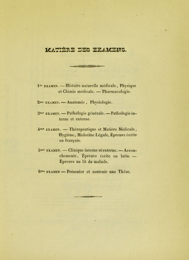 MATIÈRE DES EZANEEHS. lei examen. —Histoire naturelle médicale, Physique et Chimie médicale. — Pharmacologie. 2me examen. Anatomie , Physiologie. 3me examen. — Pathologie générale. — Pathologie in- terne et externe. 4me examen. — Thérapeutique et Matière Médicale, Hygiène, Médecine Légale, Épreuve écrite en français. 4> 5me examen. — Clinique interne et externe. — Accou- chements , Épreuve écrite en latin.— t Epreuve au lit du malade. 6me examen — Présenter et soutenir une Thèse.