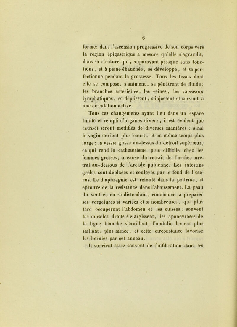 forme; dans l’ascension progressive de son corps vers la région épigastrique à mesure qu elle s’agrandit; dans sa slruture qui, auparavant presque sans fonc- tions , et à peine ébauchée , se développe , et se per- fectionne pendant la grossesse. Tous les tissus dont elle se compose, s’animent, se pénétrent de fluide; les branches artérielles, les veines , les vaisseaux lymphatiques, se déplissent, s’injectent et servent à une circulation active. Tous ces changements ayant lieu dans un espace limité et rempli d’organes divers , il est évident que ceux-ci seront modifiés de diverses manières : ainsi le vagin devient plus court, et eu même temps plus large ; la vessie glisse au-dessus du détroit supérieur, ce qui rend le cathétérisme plus difficile chez les femmes grosses, à cause du retrait de l’orifice uré- tral au-dessous de l’arcade pubienne. Les intestins grêles sont déplacés et soulevés par le fond de l’uté- rus. Le diaphragme est refoulé dans la poitrine, et éprouve de la résistance dans l’abaissement. La peau du ventre, en se distendant, commence à préparer ses vergetures si variées et si nombreuses, qui plus tard occuperont l’abdomen et les cuisses ; souvent les muscles droits s’élargissent, les aponévroses de la ligne blanche s’éraillent, l’ombilic devient plus saillant, plus mince, et cette circonstance favorise les hernies par cet anneau. Il survient assez souvent de l’infiltration dans les