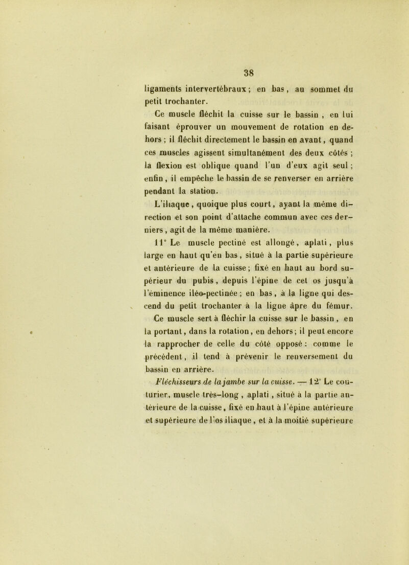 ligaments intervertébraux ; en bas, au sommet du petit trochanter. Ce muscle fléchit la cuisse sur le bassin , en lui faisant éprouver un mouvement de rotation en de- hors ; il fléchit directement le bassin en avant, quand ces muscles agissent simultanément des deux côtés ; la flexion est oblique quand l’un d’eux agit seul ; enfin, il empêche Le hassin de se renverser en arrière pendant la station. L’iliaque, quoique plus court, ayant la même di- rection et son point d’attache commun avec ces der- niers , agit de la même manière. 11° Le muscle pectiné est allongé, aplati, plus large eu haut qu’en bas, situé à la partie supérieure et antérieure de la cuisse; fixé en haut au bord su- périeur du pubis, depuis l’épine de cet os jusqu’à leminence iléo-pectinée ; en bas, à la ligne qui des- cend du petit trochanter à la ligue âpre du fémur. Ce muscle sert à fléchir la cuisse sur le bassin , en la portant, dans la rotation, eu dehors ; il peut encore la rapprocher de celle du côté opposé : comme le précédent, il tend à prévenir le renversement du bassin en arrière. Fléchisseurs de la jambe sur la cuisse. — 12° Le cou- turier, muscle très-long , aplati , situé à la partie an- térieure de la cuisse, fixé en haut à l’épine antérieure et supérieure de l’os iliaque , et à la moitié supérieure