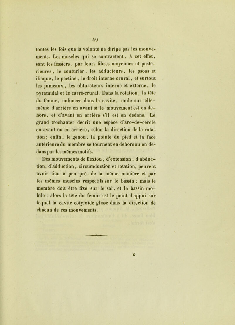toutes les fois que la volonté ne dirige pas les mouve- ments. Les muscles qui se contractent, à cet effet, sont les fessiers, par leurs fibres moyennes et posté- rieures, le couturier, les adducteurs, les psoas et iliaque, le pectiné , le droit interne crural, et surtout les jumeaux, les obturateurs interne et externe, le pyramidal et le carré-crural. Dans la rotation, la tête du fémur, enfoncée dans la cavité, roule sur elle- même d’arrière en avant si le mouvemeut est en de- hors, et d’avant en arrière s’il est en dedans. Le grand trochanter décrit une espèce d’arc-de-cercle en avant ou en arrière, selon la direction de la rota- tion ; enfin, le genou, la pointe du pied et la face antérieure du membre se tournent en dehors ou en de- dans par les mêmes motifs. Des mouvements de flexion , d’extension , d’abduc- tion, d’adduction , circumduction et rotation, peuvent avoir lieu à peu près de la même manière et par les mêmes muscles respectifs sur le bassin ; mais le membre doit être fixé sur le sol, et le bassin mo- bile : alors la tête du fémur est le point d’appui sur lequel la cavité cotyloïde glisse dans la direction de chacun de ces mouvements. G