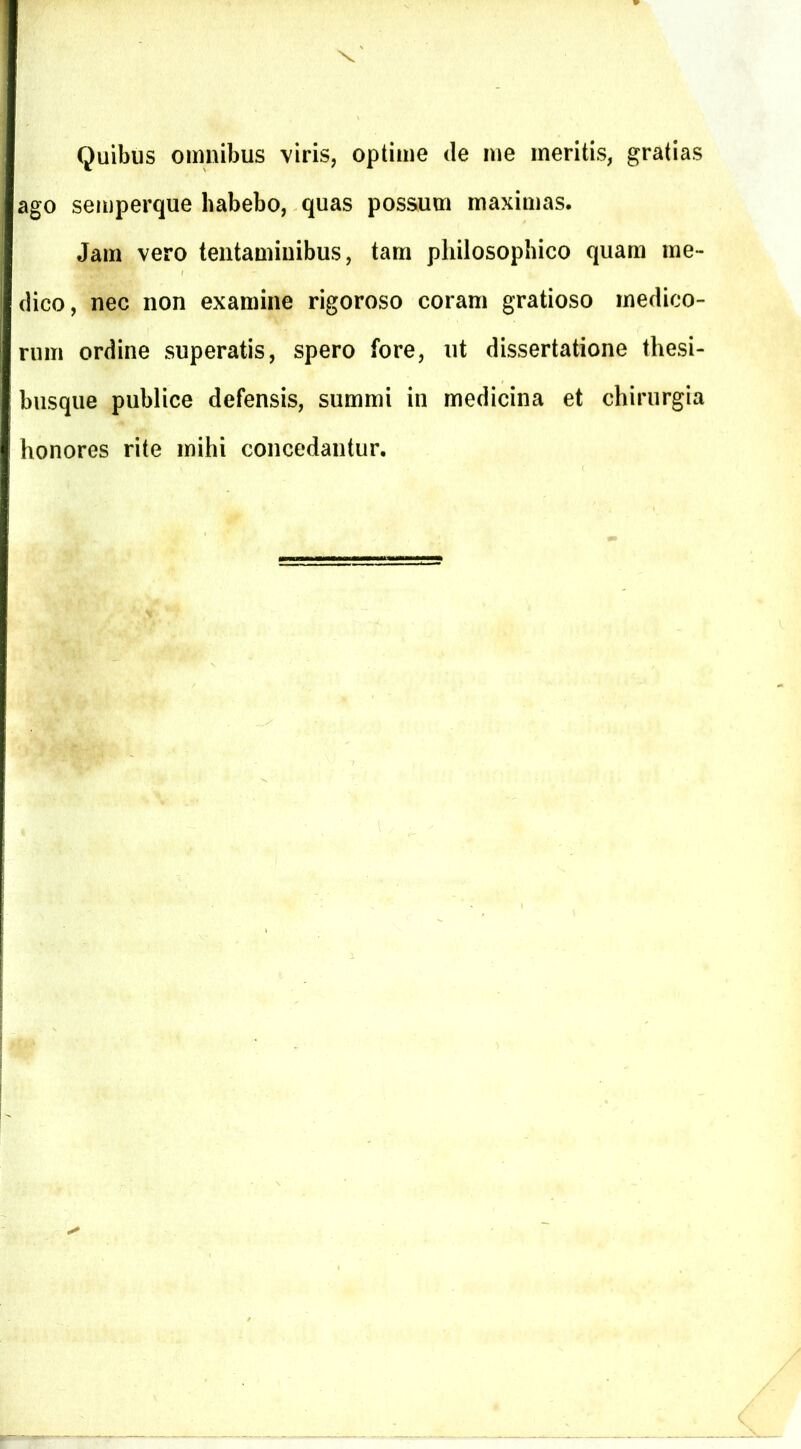 Quibus omnibus viris, optime de me meritis, gratias ago semperque habebo, quas possum maximas. Jam vero tentaminibus, tam philosophico quam me- dico, nec non examine rigoroso coram gratioso medico- rum ordine superatis, spero fore, ut dissertatione thesi- busque publice defensis, summi in medicina et chirurgia honores rite mihi concedantur.