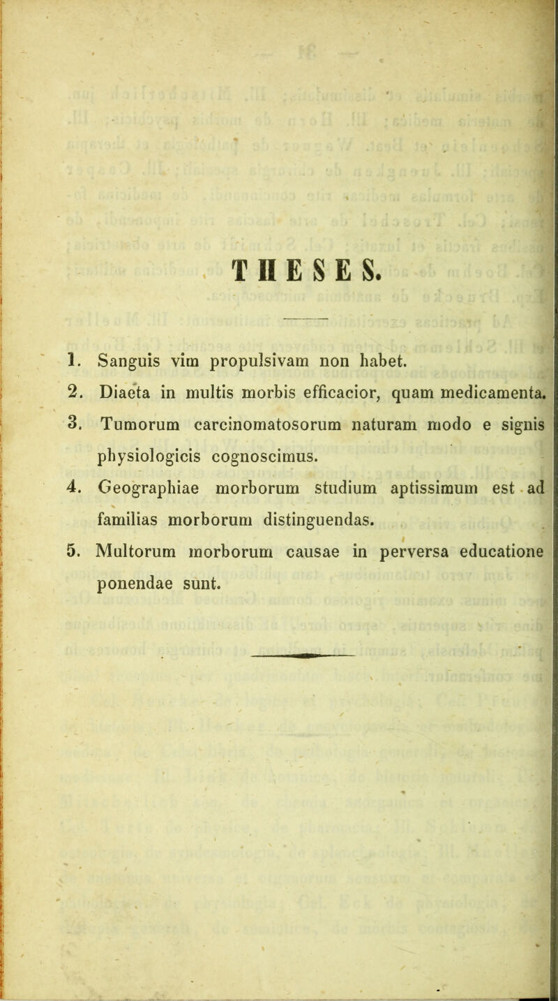 TIIESES 1. Sanguis vim propulsivam non habet. 2. Diaeta in multis morbis efficacior, quam medicamenta. 3. Tumorum carcinomatosorum naturam modo e signis physiologicis cognoscimus. 4. Geographiae morborum studium aptissimum est ad familias morborum distinguendas. 5. Multorum morborum causae in perversa educatione ponendae sunt.