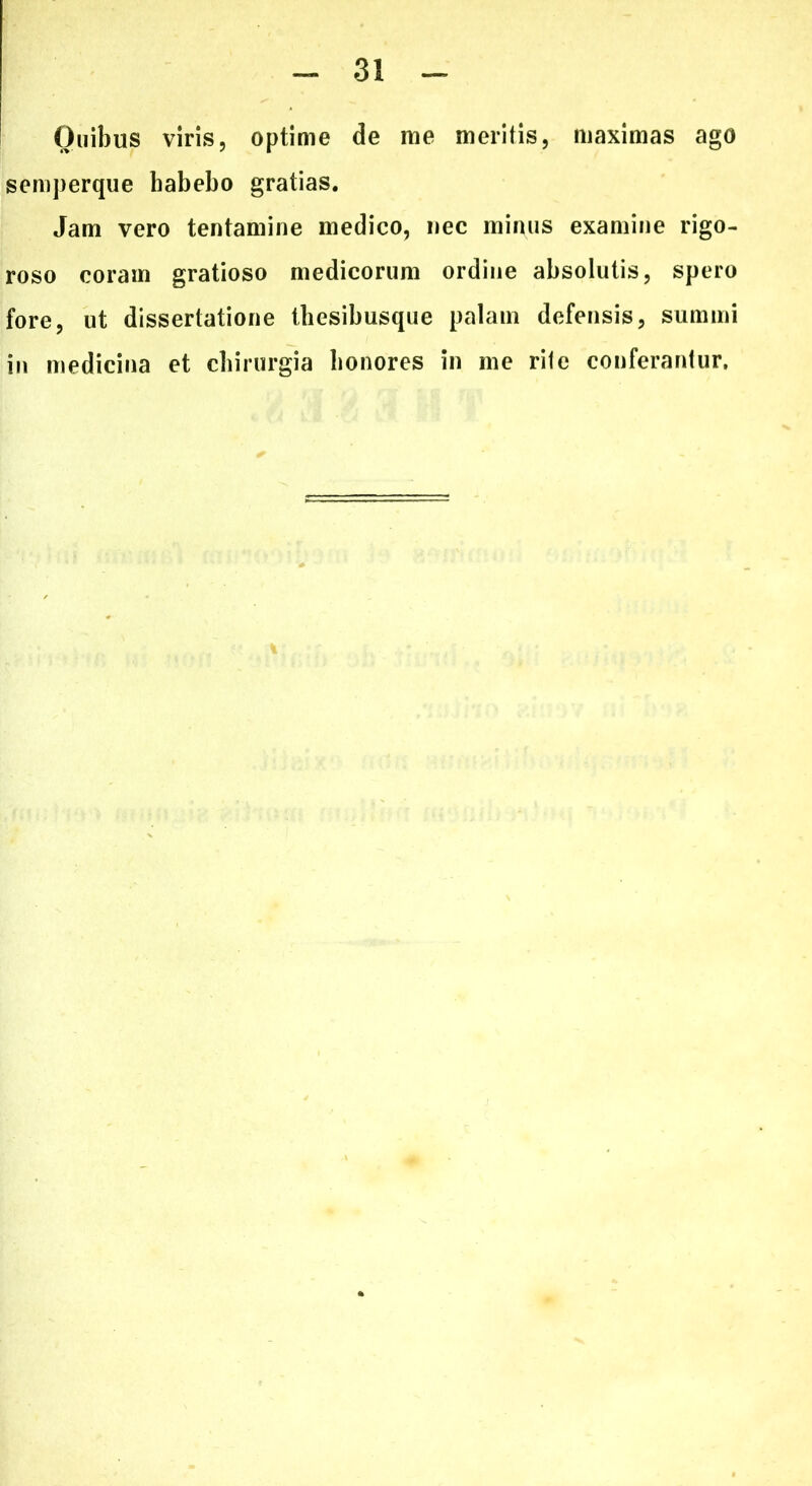 Quibus viris, optime de me meritis, maximas ago semperque habebo gratias. Jam vero tentamine medico, nec minus examine rigo- roso coram gratioso medicorum ordine absolutis, spero fore, ut dissertatione thesibusque palam defensis, summi in medicina et chirurgia honores in me rite conferantur. %