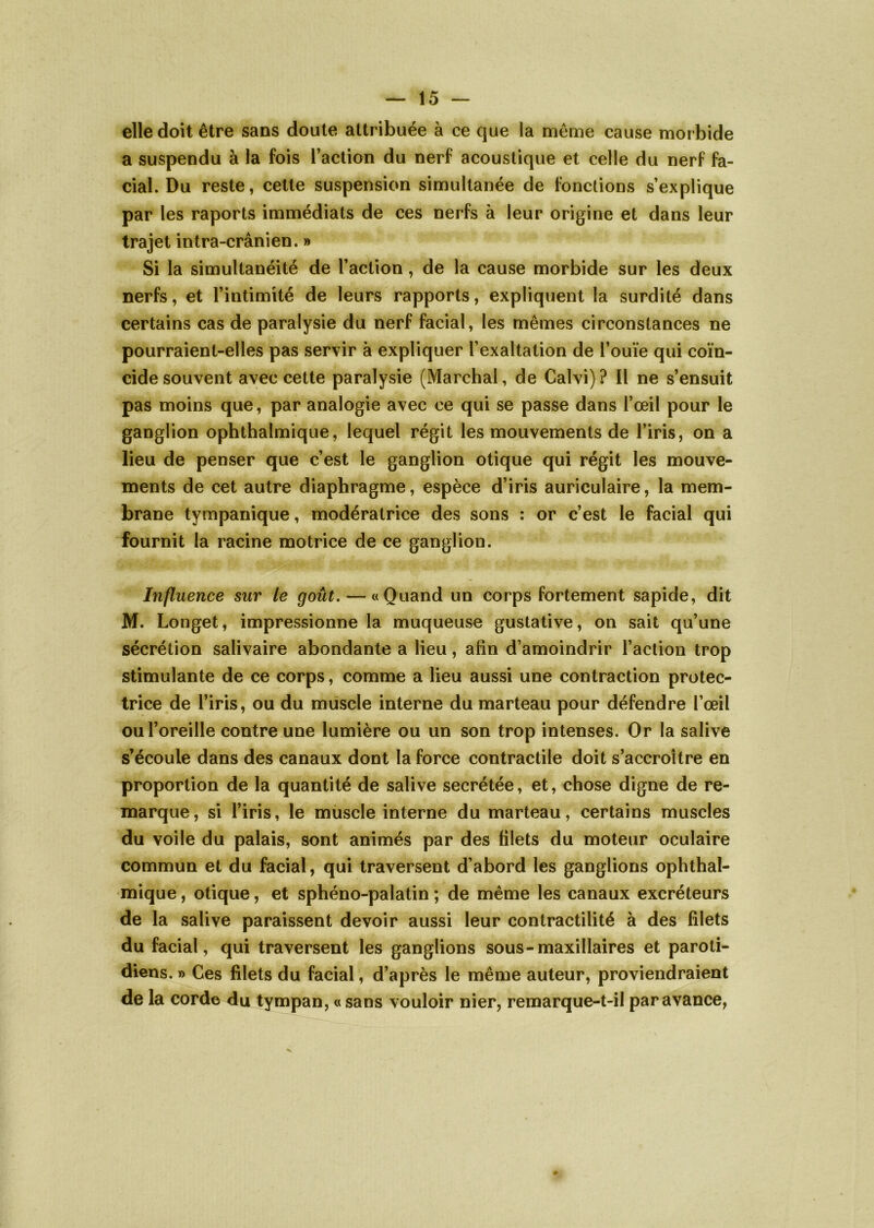 elle doit être sans doute attribuée à ce que la même cause morbide a suspendu à la fois l’action du nerf acoustique et celle du nerf fa- cial. Du reste, cette suspension simultanée de fonctions s’explique par les raports immédiats de ces nerfs à leur origine et dans leur trajet intra-crânien. » Si la simultanéité de l’action, de la cause morbide sur les deux nerfs, et l’intimité de leurs rapports, expliquent la surdité dans certains cas de paralysie du nerf facial, les mêmes circonstances ne pourraient-elles pas servir à expliquer l’exaltation de l’ouïe qui coïn- cide souvent avec cette paralysie (Marchai, de Calvi) ? Il ne s’ensuit pas moins que, par analogie avec ce qui se passe dans l’œil pour le ganglion ophthalmique, lequel régit les mouvements de l’iris, on a lieu de penser que c’est le ganglion otique qui régit les mouve- ments de cet autre diaphragme, espèce d’iris auriculaire, la mem- brane tympanique, modératrice des sons : or c’est le facial qui fournit la racine motrice de ce ganglion. Influence sur le goût. — «Quand un corps fortement sapide, dit M. Longet, impressionne la muqueuse gustative, on sait qu’une sécrétion salivaire abondante a lieu, afin d’amoindrir l’action trop stimulante de ce corps, comme a lieu aussi une contraction protec- trice de l’iris, ou du muscle interne du marteau pour défendre l’œil ou l’oreille contre une lumière ou un son trop intenses. Or la salive s’écoule dans des canaux dont la force contractile doit s’accroître en proportion de la quantité de salive secrétée, et, chose digne de re- marque, si l’iris, le muscle interne du marteau, certains muscles du voile du palais, sont animés par des filets du moteur oculaire commun et du facial, qui traversent d’abord les ganglions ophthal- mique , otique, et sphéno-palatin ; de même les canaux excréteurs de la salive paraissent devoir aussi leur contractilité à des filets du facial, qui traversent les ganglions sous-maxillaires et paroti- diens. » Ces filets du facial, d’après le même auteur, proviendraient de la corde du tympan, «sans vouloir nier, remarque-t-il par avance,
