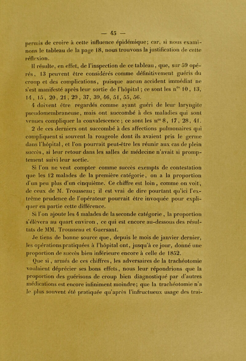 permis de croire à celte influence épidémique; car, si nous exami- nons le tableau de la page 18, nous trouvons la justification de cotte réflexion. 11 résulte, en effet, de l’inspection de ce tableau, que, sur 59 opé- rés , 13 peuvent être considérés comme définitivement guéris du croup et des complications, puisque aucun accident immédiat ne s’est manifesté après leur sortie de l’hôpital ; ce sont les n^MO , 13, 14, 15, 20, 21, 29, 37, 39,46, 51, 55, 56. 4 doivent être regardés comme ayant guéri de leur laryngite pseudomembraneuse, mais ont succombé à des maladies qui sont venues compliquer la convalescence ; ce sont les n°® 8, 17, 28, 41. 2 de ces derniers ont succombé à des affections pulmonaires qui compliquent si souvent la rougeole dont ils avaient pris le germe dans l’hôpital, et l’on pourrait peut-être les réunir aux cas de plein succès, si leur retour dans les salles de médecine n’avait si promp- tement suivi leur sortie. Si l’on ne veut compter comme succès exempts de contestation que les 12 malades de la première catégorie, on a la proportion d’un peu plus d’un cinquième. Ce chiffre est loin, comme on voit, de ceux de M. Trousseau; il est vrai de dire pourtant qu’ici l’ex- trême prudence de l’opérateur pourrait être invoquée pour expli- quer en partie cette différence. Si l’on ajoute les 4 malades de la seconde catégorie , la proportion s’élèvera au quart environ, ce qui est encore au-dessous des résul- tats de MM. Trousseau et Guersant. Je tiens de bonne source que, depuis le mois de janvier dernier, les opérations pratiquées à l’hôpital ont, jusqu’à ce jour, donné une proportion de succès bien inférieure encore à celle de 1852. Que si, armés de ces chiffres, les adversaires de la trachéotomie voulaient déprécier ses bons effets, nous leur répondrions que la proportion des guérisons de croup bien diagnostiqué par d’autres médications est encore infiniment moindre; que la trachéotomie n’a Je plus souvent été pratiquée qu’après l’infructueux usage des trai-