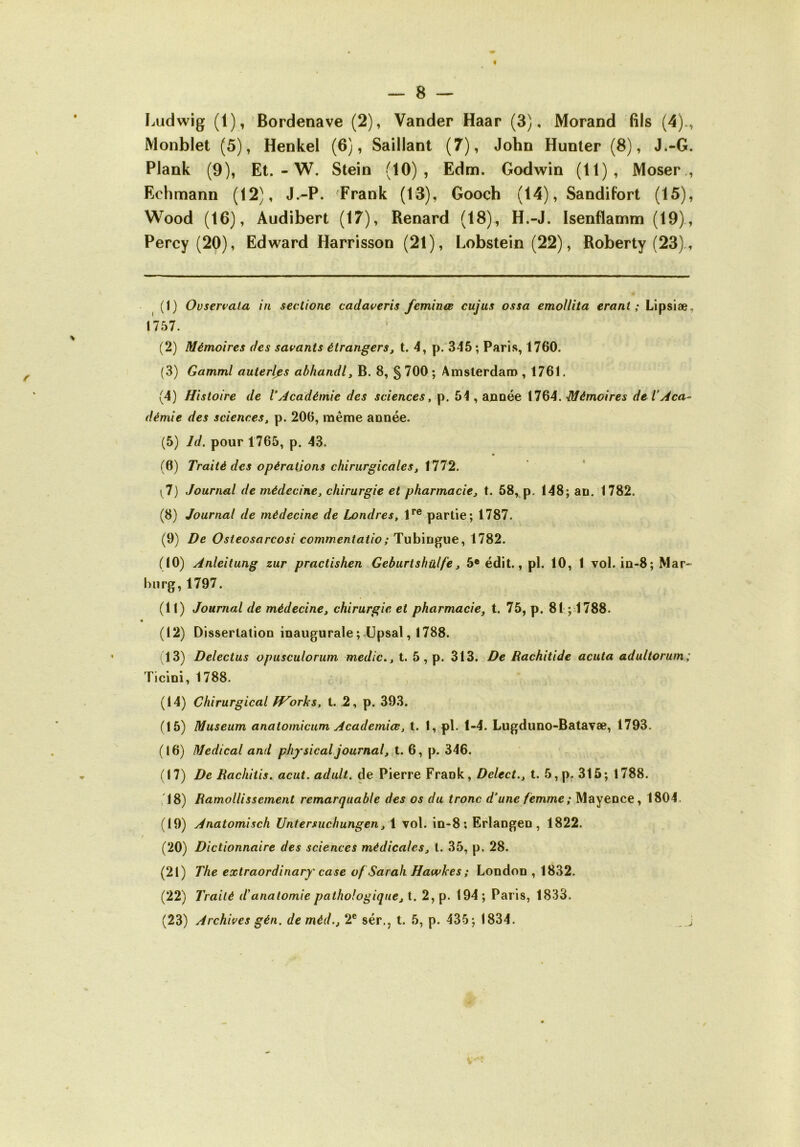 Ludwig (1), Bordenave (2), Vander Haar (3), Morand fils (4)., Monblet (5), Henkel (6), Saillant (7), John Hunier (8), J.-G. Plank (9), Et. - W. Stein (10), Edm. Godwin (11), Moser., Echmann (12), J.-P. Frank (13), Gooch (14), Sandifort (15), Wood (16), Audibert (17), Renard (18), H.-J. Isenflamm (^0), Percy (20), Edward Harrisson (21), Lobstein (22), Roberty (23)., (1) Ovservata, in sectione cadaveris feminœ cujus ossa emoUita erant ; Lipsiæ^ 1757. (2) Mémoires des savants étrangers, t. 4, p. 345 ; Paris, 1760. (3) Gamml auterlps abhandl, B. 8, §700 ; Amsterdaro, 1761. (4) Histoire de l’académie des sciences, p. 54 , année 1764. Mémoires de l’Aca- démie des sciences, p. 206, même année. (5) Jd. pour 1765, p. 43. (6) Traité des opérations chirurgicales, M12. [ 7) Journal de médecine, chirurgie et pharmacie, t. 58, p. 148; an.-1782. (8) Journal de médecine de Londres, partie; 1787. (9) De Osteosarcosi commentatio; Tubingue, 1782. (10) Anleitung zur practishen Geburtshülfe, 5® édit., pl. 10, 1 vol. in-8; Mar« bnrg,1797. (11) Journal de médecine, chirurgie et pharmacie, t. 75, p. 8t;;1788. (12) Dissertation inaugurale ; üpsal, 1788. (13) Delectus opusculorum medic., t. 5 , p. 313. De Rachitide acuta adultorum; Ticlni, 1788. (14) Chirurgical Works, t. 2, p. 393. (15) Muséum anatomicum Academiœ, t. I, pl. 1-4. Lugduno-Batavæ, 1793. (16) Medical and physical journal, t. 6, p. 346. (17) De Rachitis. acut. adult, de Pierre Frank, Delect., t. 5,p. 315; 1788. (18) Ramollissement remarquable des os du tronc d’une femme; Mayence, 1804. (19) Anatomisch Untersuchungen, i vol. in-8; Erlangen, 1822. (20) Dictionnaire des sciences médicales, t. 35, p. 28. (21) The extraordinary' case of Sarali Hawkes ; London , 1832. (22) Traité d'anatomie pathologique, t. 2, p. 194 ; Paris, 1833. (23) Archives gén. deméd., 2® sér,, t. 5, p. 435; 1834.