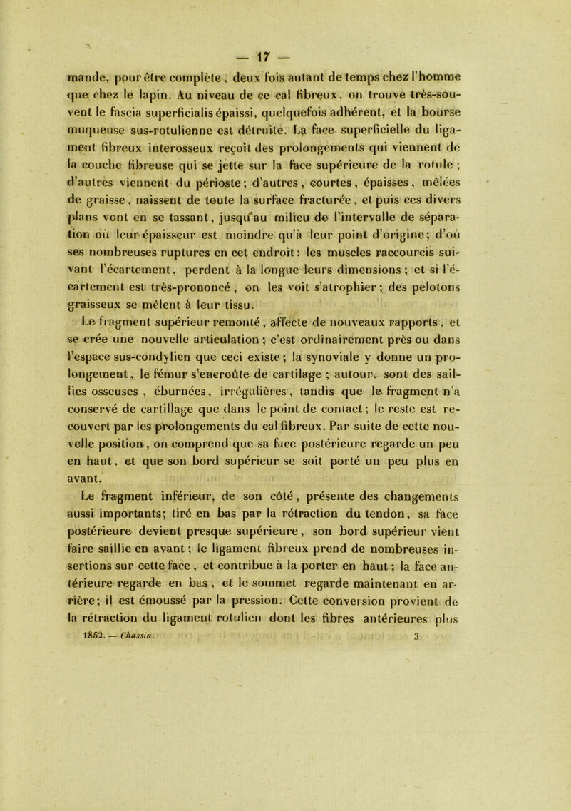 mande, pour être complète, deux Fois autant de temps chez l’homme que chez le lapin. Au niveau de ce cal fibreux, on trouve très-sou- vent le Fascia superficialis épaissi, quelqueFois adhérent, et la bourse muqueuse sus-rotulienne est détruite. La face superficielle du liga- ment fibreux interosseux reçoit des prolongements qui viennent de la couche fibreuse qui se jette sur la face supérieure de la rotule ; d’autres viennent du périoste; d’autres, courtes, épaisses, mêlées de graisse, naissent de toute la surface fracturée, et puis ces divers plans vont en se tassant, jusqu’*au milieu de l’intervalle de sépara- tion où leur épaisseur est moindre qu’à leur point d’origine; d’où ses nombreuses ruptures en cet endroit: les muscles raccourcis sui- vant l’écartement, perdent à la longue leurs dimensions; et si l’é- cartement est très-prononcé, on les voit s’atrophier; des pelotons graisseux se mêlent à leur tissu. Le fragment supérieur remonté , affecte de nouveaux rapports , et se crée une nouvelle articulation ; c’est ordinairement près ou dans l’espace sus-condylien que ceci existe; la synoviale y donne un pro- longement, le fémur s’encroûte de cartilage ; autour, sont des sail- lies osseuses , éburnées, irrégulières, tandis que le fragment n’a conservé de cartillage que dans le point de contact; le reste est re- couvert par les prolongements du cal fibreux. Par suite de cette nou- velle position, on comprend que sa face postérieure regarde un peu en haut, et que son bord supérieur se soit porté un peu plus en avant. Le fragment inférieur, de son côté, présente des changements aussi importants; tiré en bas par la rétraction du tendon, sa face postérieure devient presque supérieure, son bord supérieur vient faire saillie en avant; le ligament fibreux prend de nombreuses in- sertions sur cette l^ce , et contribue à la porter en haut ; la face an- térieure regarde en bas, et le sommet regarde maintenant en ar- rière; i| est émoussé par la pression. Cette conversion provient de la rétraction du ligament rolulien dont les fibres antérieures plus 1852. — Chassin. 3