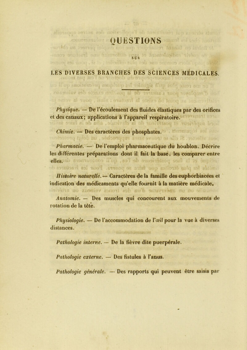 r y t I QUESTIONS m ■ i • . • 4 - • sun LES DIVERSES BRANCHES DES SCIENCES MÉDICALES. l . ■ î Physique. — De l’écoulemeal des fluides élastiques par des orifices et des canaux; applications à l’appareil respiratoire. Chimie. — Des caractères des phosphates. Pharmacie. — De l’emploi pharmaceutique du houblon. Décrire les différentes préparations dont il fait la base, les comparer entre elles.- ■ f I Histoire naturelle. — Caractères de la famille des euphorbiacées et indication des médicaments qu’elle fournit à la matière médicale. Anatomie. — Des muscles qui concourent aux mouvements de rotation de la tête. ' Physiologie. — De l’accommodation de l’œil pour la vue à diverses distances. Pathologie interne. — De la fièvre dite puerpérale. Pathologie externe. — Des fistules à l’anus. Pathologie générale. — Des rapports qui peuvent être saisis par
