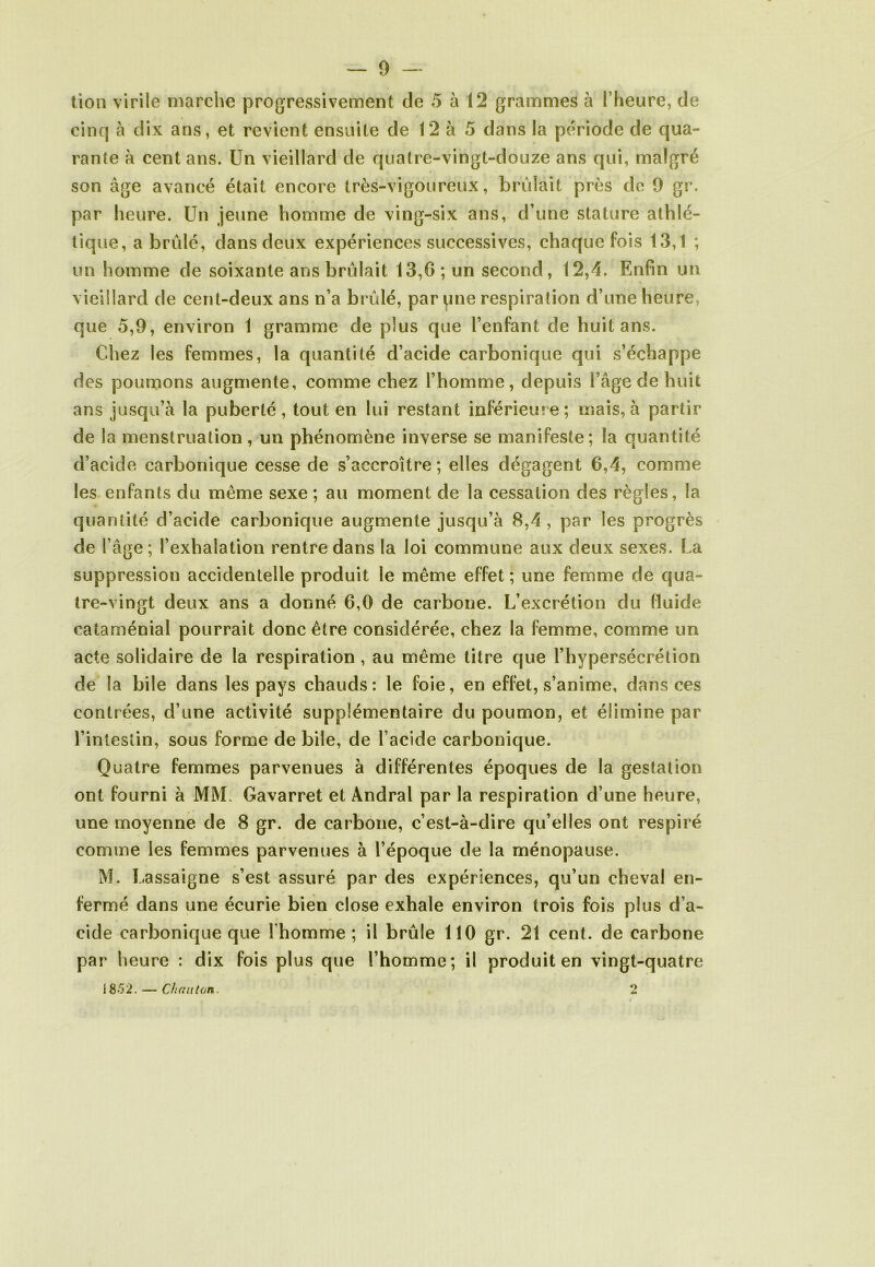 tion virile marche progressivement de 5 à 12 grammes à l’heure, de cinq à dix ans, et revient ensuite de 12 à 5 dans la période de qua- rante à cent ans. Un vieillard de quatre-vingt-douze ans qui, malgré son âge avancé était encore très-vigoureux, brûlait près de 9 gr. par heure. Un jeune homme de ving-six ans, d’une stature athlé- tique, a brûlé, dans deux expériences successives, chaque fois 13,1 ; un homme de soixante ans brûlait 13,6; un second, 12,4. Enfin un vieillard de cent-deux ans n’a brûlé, par pne respiration d’une heure, que 5,9, environ 1 gramme de plus que l’enfant de huit ans. Chez les femmes, la quantité d’acide carbonique qui s’échappe des poumons augmente, comme chez l’homme, depuis l’âge de huit ans jusqu’à la puberté, tout en lui restant inférieure; mais, à partir de la menstruation, un phénomène inverse se manifeste; la quantité d’acide carbonique cesse de s’accroître ; elles dégagent 6,4, comme les enfants du même sexe ; au moment de la cessation des règles, la quantité d’acide carbonique augmente jusqu’à 8,4, par les progrès de l’âge; l’exhalation rentre dans la loi commune aux deux sexes. La suppression accidentelle produit le même effet ; une femme de qua- tre-vingt deux ans a donné 6,0 de carbone. L’excrétion du fluide cataménial pourrait donc être considérée, chez la femme, comme un acte solidaire de la respiration, au même titre que l’hypersécrétion de la bile dans les pays chauds: le foie, en effet, s’anime, dans ces contrées, d’une activité supplémentaire du poumon, et élimine par l’intestin, sous forme de bile, de l’acide carbonique. Quatre femmes parvenues à différentes époques de la gestation ont fourni à MM. Gavarret et Andral par la respiration d’une heure, une moyenne de 8 gr. de carbone, c’est-à-dire qu’elles ont respiré comme les femmes parvenues à l’époque de la ménopause. M. Lassaigne s’est assuré par des expériences, qu’un cheval en- fermé dans une écurie bien close exhale environ trois fois plus d’a- cide carbonique que l'homme ; il brûle 110 gr. 21 cent, de carbone par heure : dix fois plus que l’homme; il produit en vingt-quatre