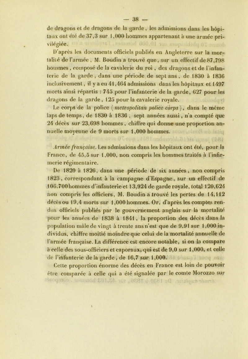 de dragons et de dragons de la garde , les admissions dans les hôpi- taux ont été de 37,3 sur 1,000 hommes appartenant à une armée pri- vilégiée. D’après les documents officiels publiés en Angleterre sur la mor- talité de l’armée , M. Boudin a trouvé que, sur un effectif de 87,798 hommes , composé de la cavalerie du roi , des dragons et de l’infan- terie de la garde , dans une période de sept ans , de 1830 à 1836 inclusivement, il y a eu 41,464 admissions dans les hôpitaux et 1497 morts ainsi répartis : 745 pour l’infanterie de la garde, 627 pour les dragons de la garde, 125 pour la cavalerie royale. Le corps de la police (métropolitain police corps), dans le même laps de temps, de 1830 à 1836 , sept années aussi, n’a compté que 24 décès sur 23,698 hommes, chiffre qui donne une proportion an- nuelle moyenne de 9 morts sur 1,000 hommes. Armée française. Les admissions dans les hôpitaux ont été, pour la France, de 45,5 sur 1,000, non compris les hommes traités à l’infir- merie régimentaire. De 1820 à 1826, dans une période de six années, non compris 1823, correspondant à la campagne d’Espagne, sur un effectif de 106.700hommes d’infanterie et 13,924 de garde royale, total 120,624 non compris les officiers, M. Boudin a trouvé les pertes de 14,112 décès ou 19,4 morts sur 1,000 hommes. Or, d’après les comptes ren- dus officiels publiés par le gouvernement anglais sur la mortalité pour les années de 1838 à 1841 , la proportion des décès dans la population male de vingt à trente ans n’est que de 9,91 sur 1,000 in- dividus, chiffre moitié moindre que celui de la mortalité annuelle de l’armée française. La différence est encore notable, si on la compare à celle des sous-officiers et caporaux, qui est de 9,0 sur 1,000, et celle de l’infanterie delà garde, de 16,7 sur 1,000. Cette proportion énorme des décès en France est loin de pouvoir être comparée à celle qui a été signalée par le comte Morozzo sur • i « - . • • i „ * • « 11 ' . , . ; , c t - \ - . » - *