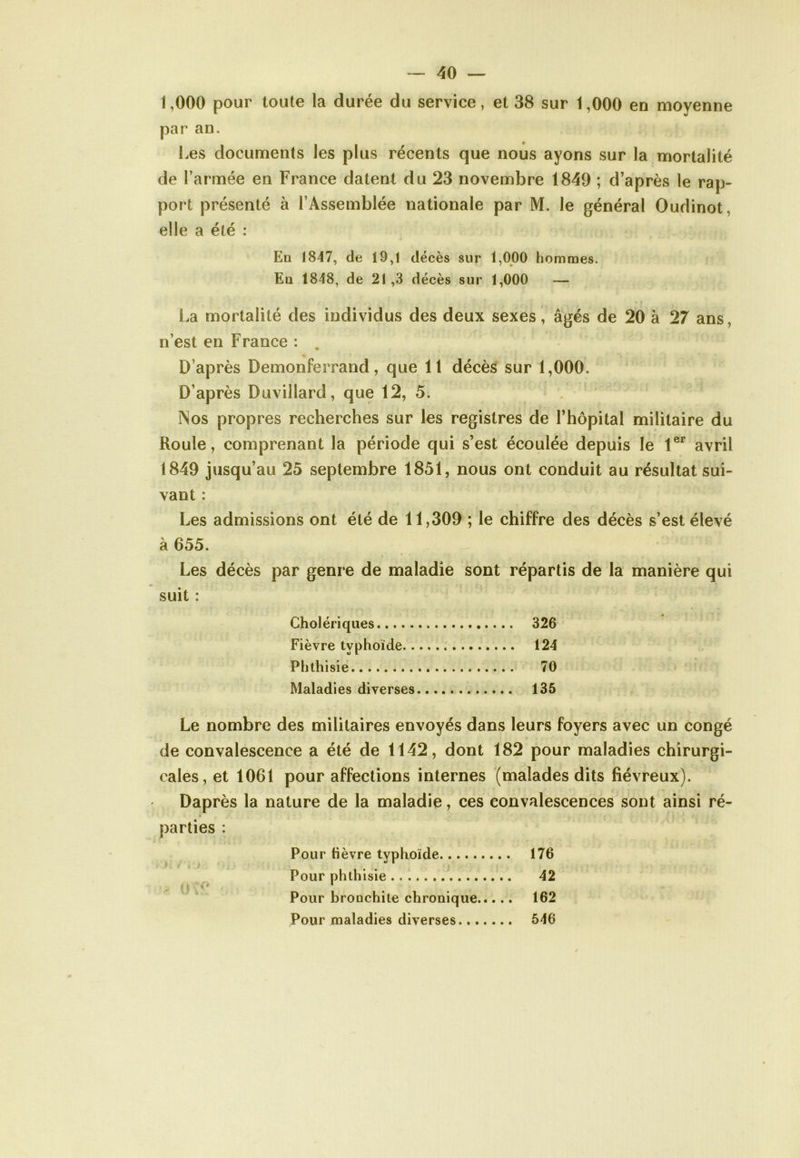 1,000 pour toute la durée du service, et 38 sur 1,000 en moyenne par an. Les documents les plus récents que nous ayons sur la mortalité de l’armée en France datent du 23 novembre 1849 ; d’après le rap- port présenté à l’Assemblée nationale par M. le général Oudinot, elle a été : En 1847, de 19,1 décès sur 1,000 hommes. Eu 1848, de 21,3 décès sur 1,000 — La mortalité des individus des deux sexes, âgés de 20 à 27 ans, n’est en France : D’après Demonferrand, que 11 décès sur 1,000. D’après Duvillard, que 12, 5. Nos propres recherches sur les registres de l’hôpital militaire du Roule, comprenant la période qui s’est écoulée depuis le 1er avril 1849 jusqu’au 25 septembre 1851, nous ont conduit au résultat sui- vant : Les admissions ont été de 11,309 ; le chiffre des décès s’est élevé à 655. Les décès par genre de maladie sont répartis de la manière qui suit : Cholériques 326 Fièvre typhoïde 124 Phthisie 70 Maladies diverses 135 Le nombre des militaires envoyés dans leurs foyers avec un congé de convalescence a été de 1142, dont 182 pour maladies chirurgi- cales, et 1061 pour affections internes (malades dits fiévreux). Daprès la nature de la maladie, ces convalescences sont ainsi ré- parties : Pour lièvre typhoïde . 176 Pour phthisie 42 '> 0 V Pour bronchite chronique.... . 162 Pour maladies diverses . 546
