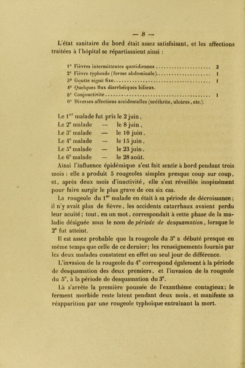 L’état sanitaire du bord était assez satisfaisant, et les affections traitées à l’hôpital se répartissaient ainsi : 1° Fièvres iütermitlentes quotidiennes 2 2° Fièvre typhoïde (forme abdominale) 1 3° Goutte aiguë fixe 1 4° Quelques Hux diarrhéiques bilieux. 5° Conjonctivite 1 fi° Diverses affections accidentelles (urélhrite, ulcères, etc.). Le 1er malade fut pris le 2 juin, Le 2e malade — le 8 juin, Le 3e malade — le 10 juin. Le 4e malade — le 15 juin , Le 5e malade — le 23 juin, Le 6e malade — le 28 août. Ainsi l’influence épidémique s’est fait sentir à bord pendant trois mois : elle a produit 5 rougeoles simples presque coup sur coup, et, après deux mois d’inactivité, elle s’est réveillée inopinément pour faire surgir le plus grave de ces six cas. La rougeole du l*r malade en était à sa période de décroissance ; il n’y avait plus de fièvre, les accidents catarrhaux avaient perdu leur acuité ; tout, en un mot, correspondait à cette phase de la ma- ladie désignée sous le nom de période de desquamation, lorsque le 2e fut atteint. Il est assez probable que la rougeole du 3e a débuté presque en même temps que celle de ce dernier; les renseignements fournis par les deux malades constatent en effet un seul jour de différence. L’invasion de la rougeole du 4e correspond également à la période de desquamation des deux premiers, et l’invasion de la rougeole du 5e, à la période de desquamation du 3e. Là s’arrête la première poussée de l’exanthème contagieux; le ferment morbide reste latent pendant deux mois, et manifeste sa réapparition par une rougeole typhoïque entraînant la mort.