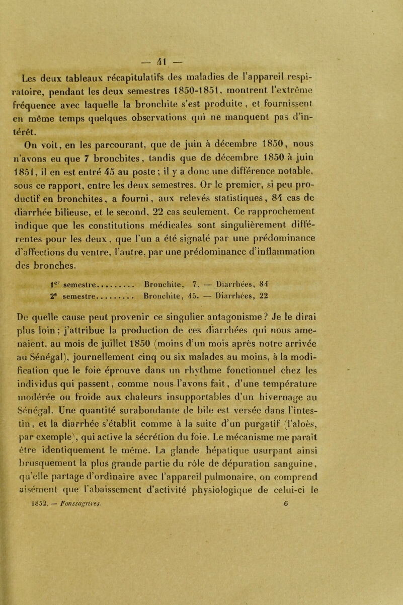 Les deux tableaux récapitulatifs des maladies de l’appareil respi- ratoire, pendant les deux semestres 1850-1851, montrent l’extrême fréquence avec laquelle la bronchite s’est produite , et fournissent en même temps quelques observations qui ne manquent pas d’in- térêt. On voit, en les parcourant, que de juin à décembre 1850, nous n’avons eu que 7 bronchites, tandis que de décembre 1850 à juin 1851, il en est entré 45 au poste ; il y a donc une différence notable, sous ce rapport, entre les deux semestres. Or le premier, si peu pro- ductif en bronchites, a fourni, aux relevés statistiques, 84 cas de diarrhée bilieuse, et le second, 22 cas seulement. Ce rapprochement indique que les constitutions médicales sont singulièrement diffé- rentes pour les deux, que l’un a été signalé par une prédominance d’affections du ventre, l’autre, par une prédominance d’inflammation des bronches. 1er semestre Bronchite, 7. — Diarrhées, 84 2e semestre Bronchite, 45. — Diarrhées, 22 De quelle cause peut provenir ce singulier antagonisme? Je le dirai plus loin ; j’attribue la production de ces diarrhées qui nous ame- naient, au mois de juillet 1850 (moins d’un mois après notre arrivée au Sénégal), journellement cinq ou six malades au moins, à la modi- fication que le foie éprouve dans un rhythme fonctionnel chez les individus qui passent, comme nous l’avons fait, d’une température modérée ou froide aux chaleurs insupportables d’un hivernage au Sénégal. Une quantité surabondante de bile est versée dans l’intes- tin, et la diarrhée s’établit comme à la suite d’un purgatif (l’aloès, par exemple), qui active la sécrétion du foie. Le mécanisme me parait être identiquement le même. La glande hépatique usurpant ainsi brusquement la plus grande partie du rôle de dépuration sanguine, qu’elle partage d’ordinaire avec l’appareil pulmonaire, on comprend aisément que l’abaissement d’activité physiologique de celui-ci le 1852. — Fonssugrives. 6