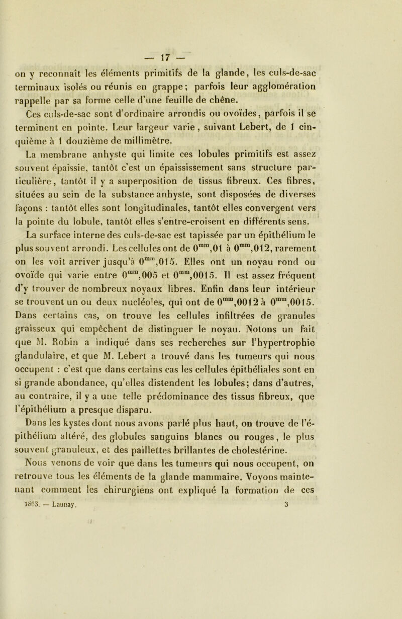 on y reconnaît les éléments primitifs de la glande, les culs-de-sac terminaux isolés ou réunis en grappe ; parfois leur agglomération rappelle par sa forme celle d’une feuille de chêne. Ces culs-de-sac sont d’ordinaire arrondis ou ovoïdes, parfois il se terminent en pointe. Leur largeur varie , suivant Lebert, de 1 cin- quième à 1 douzième de millimètre. La membrane anhyste qui limite ces lobules primitifs est assez souvent épaissie, tantôt c’est un épaississement sans structure par- ticulière, tantôt il y a superposition de tissus fibreux. Ces fibres, situées au sein de la substance anhyste, sont disposées de diverses façons : tantôt elles sont longitudinales, tantôt elles convergent vers la pointe du lobule, tantôt elles s’ehtre-croisent en différents sens. La surface interne des culs-de-sac est tapissée par un épithélium le plus souvent arrondi. Les cellules ont de 0™“,01 à 0™“,012, rarement on les voit arriver jusqu’à 0““,015. Elles ont un noyau rond ou ovoïde qui varie entre 0“'“,005 et 0““,0015. Il est assez fréquent d’y trouver de nombreux noyaux libres. Enfin dans leur intérieur se trouvent un ou deux nucléoles, qui ont de 0™“,0012 à 0™“,0015. Dans certains cas, on trouve les cellules infiltrées de granules graisseux qui empêchent de distinguer le noyau. Notons un fait que M. Robin a indiqué dans ses recherches sur l’hypertrophie glandulaire, et que M. Lebert a trouvé dans les tumeurs qui nous occupent : c’est que dans certains cas les cellules épithéliales sont en si grande abondance, qu’elles distendent les lobules; dans d’autres, au contraire, il y a une telle prédominance des tissus fibreux, que l’épithélium a presque disparu. Dans les kystes dont nous avons parlé plus haut, on trouve de l’é- pithélium altéré, des globules sanguins blancs ou rouges, le plus souvent granuleux, et des paillettes brillantes de cholestérine. Nous venons de voir que dans les tumeurs qui nous occupent, on retrouve tous les éléments de la glande manjmaire. Voyons mainte- nant comment les chirurgiens ont expliqué la formation de ces 1803. — Launay, 3 i