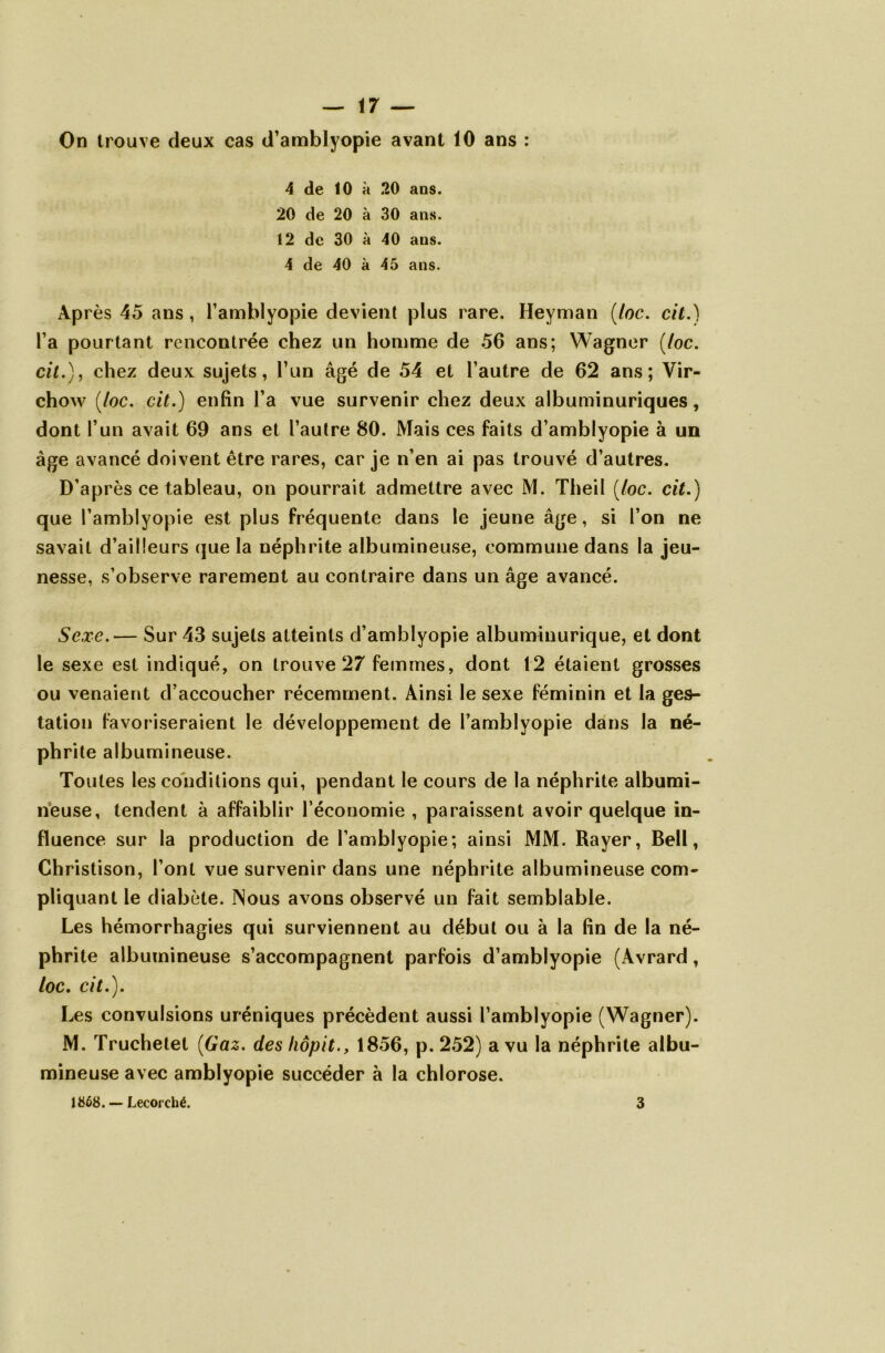 On trouve deux cas d’amblyopie avant 10 ans : 4 de 10 à 20 ans. 20 de 20 à 30 ans. 12 de 30 à 40 ans. 4 de 40 à 45 ans. Après 45 ans , l’amblyopie devient plus rare. Heyman (toc. cit.) l’a pourtant rencontrée chez un homme de 56 ans; Wagner (/oc. cit.), chez deux sujets, l’un âgé de 54 et l’autre de 62 ans; Vir- chow (toc. cit.) enfin l’a vue survenir chez deux albuminuriques, dont l’un avait 69 ans et l’autre 80. Mais ces faits d’amblyopie à un âge avancé doivent être rares, car je n’en ai pas trouvé d’autres. D’après ce tableau, on pourrait admettre avec M. Theil (toc. cit.) que l’amblyopie est plus fréquente dans le jeune âge, si l’on ne savait d’ailleurs que la néphrite albumineuse, commune dans la jeu- nesse, s’observe rarement au contraire dans un âge avancé. Sexe.— Sur 43 sujets atteints d’amblyopie albuminurique, et dont le sexe est indiqué, on trouve 27 femmes, dont 12 étaient grosses ou venaient d’accoucher récemment. Ainsi le sexe féminin et la ges- tation favoriseraient le développement de l’amblyopie dans la né- phrite albumineuse. Toutes les conditions qui, pendant le cours de la néphrite albumi- neuse, tendent à affaiblir l’économie , paraissent avoir quelque in- fluence sur la production de i’amblyopie; ainsi MM. Rayer, Bell, Christison, l’ont vue survenir dans une néphrite albumineuse com- pliquant le diabète. Nous avons observé un fait semblable. Les hémorrhagies qui surviennent au début ou à la fin de la né- phrite albumineuse s’accompagnent parfois d’amblyopie (Avrard, toc. cit.). Les convulsions uréniques précèdent aussi l’amblyopie (Wagner). M. Truchetet (Gaz. des liôpit., 1856, p. 252) a vu la néphrite albu- mineuse avec amblyopie succéder à la chlorose. 1868. — Lecorché. 3