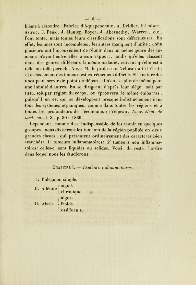 blême a résoudre: Fabrice d'Aquapendente, A. Deidier, F.Imbert, Astruc, J.Penk, J. Ilunter, Boyer, J* Abernethy, Warren, etc., l’ont tenté, mais toules leurs classifications sont défectueuses. En effet, les unes sont incomplètes, les autres manquent d’unité; enfin plusieurs ont l’inconvénient de réunir dans un même genre des tu- meurs n’ayant entre elles aucun rapport, tandis qu’elles classent dans des genres différents la même maladie, suivant qu’elle est à telle ou telle période. Aussi M. le professeur Velpeau a-t-il écrit : «Le classement des tumeursest extrêmement difficile. Si la nature des unes peut servir de point de départ, il n’en est plus de même pour une infinité d’autres. En se dirigeant d’après leur siège . soit par tissu, soit par région du corps, on éprouvera le même embarras, puisqu’il en est qui se développent presque indistinctement dans tous les systèmes organiques, comme dans toutes les régions et à toutes les profondeurs de l’économie.)» (Velpeau, Nouv. élém. de méd. op., t. 3, p. 30 ; 1839.) Cependant, comme il est indispensable de les réunir en quelques groupes, nous diviserons les tumeurs de la région poplitée en deux grandes classes, qui présentent ordinairement des caractères bien tranchés: 1° tumeurs inflammatoires; 2° tumeurs non inflamma- ✓ toires ; celles-ci sont liquides ou solides. Voici, du reste, l’ordre <lans lequel nous les étudierons : Chapitre I. — Tumeurs inflammatoires. I. Phlegmon simple. II. Adénite I a!gUë’. j chronique, aigus, 111. Abcès | froids, ossifiuents.