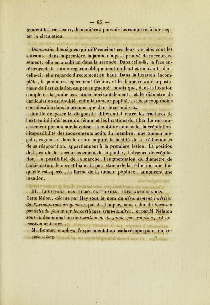 tendent les vaisseaux, de manière à pouvoir les rompre elà intercep- ter la circulation. Diagnostic. Les signes qui différencient ces deux variétés sont les suivants : dans la première, la jambe n’a pas éprouvé de raccourcis- sement; elle en a subi un dans la seconde. Dans celle-là, la face an- térieure de la rotule regarde obliquement en haut et en avant; dans celle-ci, elle regarde directement en haut. Dans la luxation incom- plète , la jambe est légèrement fléchie, et le diamètre antéro-posté- rieur de l’articulation est peu augmenté ; tandis que, dans la luxation complète, la jambe est située horizontalement, et le diamètre de l’articulation est doublé ; enfin la tumeur poplitée est beaucoup moins considérable dans le premier que dans le second cas. Inutile de poser le diagnostic différentiel entre les fractures de l’extrémité inférieure du fémur et les luxations du tibia. Le raccour- cissement portant sur la cuisse, la mobilité anormale, la crépitation, l’impossibilité des mouvements actifs du membre, une tumeur iné- gale, rugueuse, dans le creux poplité, la facilité de sa réduction et de sa réapparition, appartiennent à la première lésion. La position de la rotule, le raccourcissement de la jambe, l’absence de crépita- tion, la possibilité de la marche, l’augmentation du diamètre de l’articulation fémoro-tibiale, la persistance de la réduction une fois qu’elle est opérée, la forme de la tumeur poplitée , annoncent une luxation. * - • ' * ' » • - * • • ■ . . jjr î III. Luxations des fibro-cartilages interarticulaires. — Cette lésion, décrite par Hey sous le nom de dérangement intérieur de ïarticulation du genou ; par A. Cooper, sous celui de luxation partielle du fémur sur les cartilages semi-lunaires, et parM. Nélaton sous la dénomination de luxation de la jambe par rotation, est ex- cessivement rare. M. Bonnet employa l’expérimentation cadavérique pour en re- 1852.—Long/. < t V)