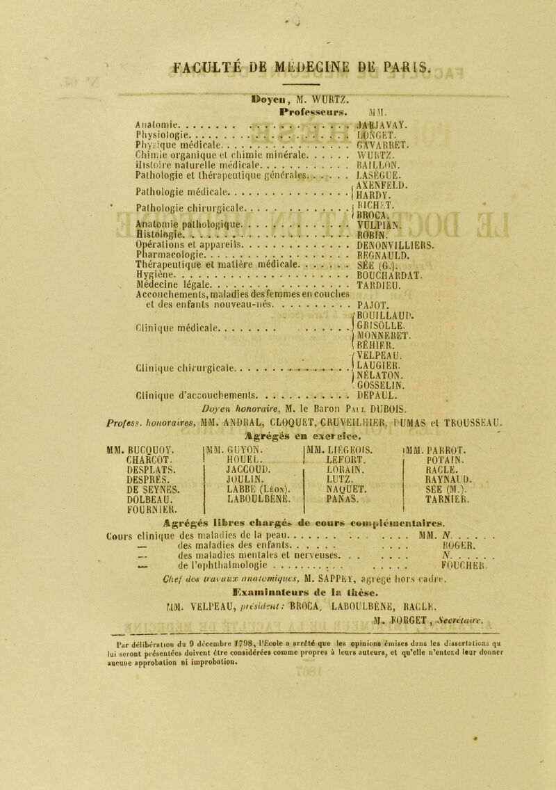 « U>oycii, M. WURTZ. Profes.sewrs. i\iM. Aiialomie lARJAVAY. Physiologie LONGKT. Physique médicale GATARRKT. Cliimie organique et chimie minérale VVUliTZ. iJisloire nalurelle médicale PAILLON. Palhologie et thérapeutique générales. . . . . . Pathologie médicale Pathologie chirurgicale Anatomie pathologique. Histologie Opérations et appareils Pharmacologie Thérapeutique et matière médicale Hygiène Médecine légale Accouchements, maladies des femmes en couches et des enfants nouveau-nés Clinique médicale Clinique cliirurgicale.. . Clinique d’accouchements LASÈGUE. AXENFELD. HARDY. RICHLT. BROCA. VULPIAN. ROBIN. DENONVILLIERS. RRGNAULD. SÉE (G.). BOUCHARDAT. TARDIEU. PAJOT. BOUILLAUD. GRISOLLE. MONNERET. BÉHIER. VELPEAU. LAUGIER. NELATON. GOSSELIN. DEPAUL. Doyen honoraire, M. le Baron Pai l DUBOIS. Profess. honoraires, MM. ANDRAL, CLOQUET, CRÜVEILHIER, DUMAS et TROUSSEAU. Agrégés en exercice. MM. BUCQUOY. CHARCOT. DESPLATS. DESPRÉS. DE SEYNES. DOLBEAU. FOURNIER. MM. GUYON. HOTJEL. JACCOUD. JOULIN. LABBE (Léon). LABOULBÈNE. MM. LIÉGEOIS. LEFORT. LORAIN. LUTZ. NAUUEï. PANAS. iMM.PARROT. POTAIN. RACLE. RAYNAUD. SÉE (M.). TABNIER. Agrégés libres chargés- de cours eoiBS|ÿlémentaires. Cours clini(|ue des maladies de la peau MM. iV des maladies des enfants des maladies mentales et nerveuses. . . de l’ojihthalmologie ; — Chef dC’S Uaeaux anatomiques, M. SAPPEï, agrège F,xaiiiiiiateurs de la iSsèse. MM. VELPEAU, BROCA, LABOULBÈNE, RACLE. M^ rFORGET , Secrétaire. ROGER. N FOUCHER. hors cadre. Par délibération du 9 décembre 1798, l’Ecole a arrêté que les opinions émises dans les disserlotions qu lui seront présentées doivent être considérées comme propres à leurs auteurs, et qu’elle n’entcr.d leur donner aucune approbation ni improbation.