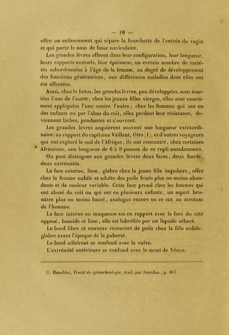 — 10 — offre un enfoncement qui sépare la fourchette de l’entrée du vagin et qui porte le nom de fosse naviculaire. Les grandes lèvres offrent dans leur configuration, leur longueur, leurs rapports mutuels, leur épaisseur, un certain nombre de varié- tés subordonnées à l’âge de la femme, au degré de développement des fonctions génératrices, aux différentes maladies dont elles ont été affectées. Ainsi, chez le fœtus, les grandes lèvres, peu développées, sont écar- tées l’une de l’autre; chez les jeunes filles vierges, elles sont exacte- ment appliquées l’une contre l’autre ; chez les femmes qui ont eu des enfants ou par l’abus du coït, elles perdent leur résistance, de- viennent lâches, pendantes et s’ouvrent. Les grandes lèvres acquièrent souvent une longueur extraordi- naire: au rapport du capitaine Vaillant, Otto (1 ), et d’autres voyageurs qui ont exploré le sud de l’Afrique, ils ont rencontré, chez certaines Africaines, une longueur de 6 à 9 pouces de ce repli membraneux. On peut distinguer aux grandes lèvres deux faces, deux bords, deux extrémités. La face externe, lisse, glabre chez la jeune fille impubère, offre chez la femme nubile et adulte des poils frisés plus ou moins abon- dants et de couleur variable. Cette face prend chez les femmes qui ont abusé du coït ou qui ont eu plusieurs enfants, un aspect bru- nâtre plus ou moins foncé, analogue encore en ce cas au scrotum de l’homme. La face interne ou muqueuse est en rapport avec la face du côté opposé, humide et lisse, elle est lubréfiée par un liquide sébacé. Le bord libre et convexe recouvert de poils chez la fille nubile, glabre avant l’époque de la puberté. Le bord adhérent se confond avec la vulve. L’extrémité antérieure se confond avec le mont de Vénus.