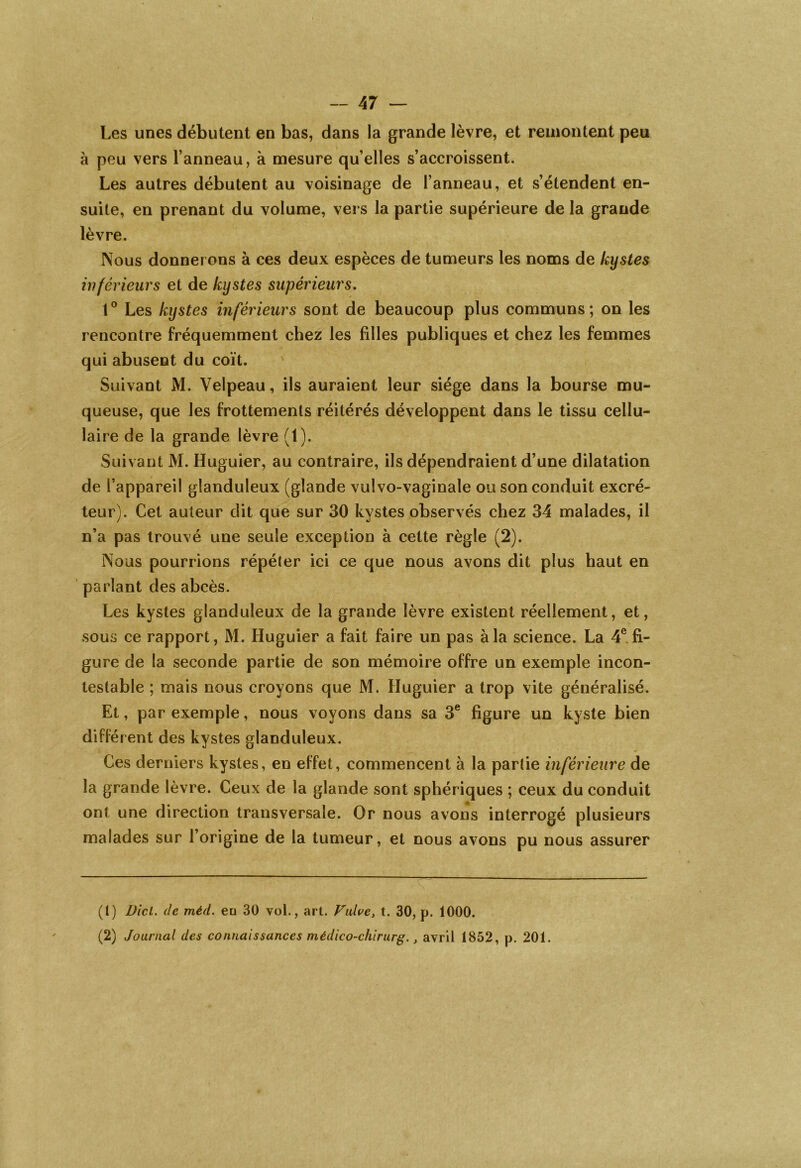 Les unes débutent en bas, dans la grande lèvre, et remontent peu à peu vers l’anneau, à mesure qu’elles s’accroissent. Les autres débutent au voisinage de l’anneau, et s’étendent en- suite, en prenant du volume, vers la partie supérieure de la grande lèvre. Nous donnerons à ces deux espèces de tumeurs les noms de kystes inférieurs et de kystes supérieurs. 1° Les kystes inférieurs sont de beaucoup plus communs; on les rencontre fréquemment chez les filles publiques et chez les femmes qui abusent du coït. Suivant M. Velpeau, ils auraient leur siège dans la bourse mu- queuse, que les frottements réitérés développent dans le tissu cellu- laire de la grande lèvre (1). Suivant M. Huguier, au contraire, ils dépendraient d’une dilatation de l’appareil glanduleux (glande vulvo-vaginale ou son conduit excré- teur). Cet auteur dit que sur 30 kystes observés chez 34 malades, il n’a pas trouvé une seule exception à cette règle (2). Nous pourrions répéter ici ce que nous avons dit plus haut en parlant des abcès. Les kystes glanduleux de la grande lèvre existent réellement, et, sous ce rapport, M. Huguier a fait faire un pas à la science. La 4e fi- gure de la seconde partie de son mémoire offre un exemple incon- testable ; mais nous croyons que M. Huguier a trop vite généralisé. Et, par exemple, nous voyons dans sa 3e figure un kyste bien différent des kystes glanduleux. Ces derniers kystes, en effet, commencent à la partie inférieure de la grande lèvre. Ceux de la glande sont sphériques ; ceux du conduit ont une direction transversale. Or nous avons interrogé plusieurs malades sur l’origine de la tumeur, et nous avons pu nous assurer (t) Dicl. de méd. en 30 vol., art. Vulve, t. 30, p. 1000. (2) Journal des connaissances médico-chirurg., avril 1852, p. 201.