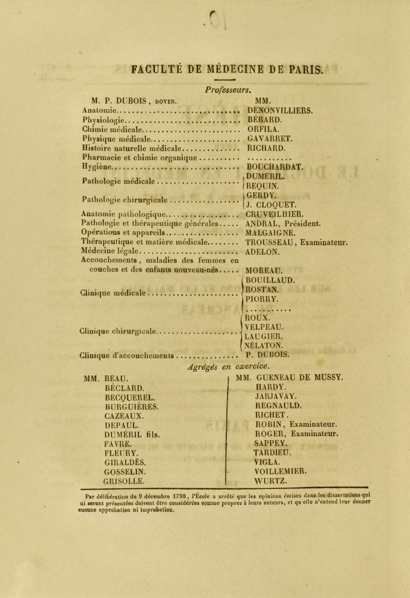 r FACULTÉ DE MÉDECINE DE PARIS. Professeurs. M. P. DUBOIS, doyen. MM. Anatomie DENON VILLIERS. Physiologie BÉRARD. Chimie médicale ORFILA. Physique médicale GAYARRET. Histoire naturelle médicale RICHARD. Pharmacie et chimie organique Hygiène BOUCHARDAT. D , . .... | DUMÉRIL. Pathologie medicale (REQUIN Pathologie chirurgicale | J^CU^QUET. Anatomie pathologique CRUVE1LHIER. Pathologie et thérapeutique générales ANDRAL, Président. Opérations et appareils.. MALGAIGNE. Thérapeutique et matière médicale TROUSSEAU, Examinateur. Médecine légale ADELON. Accouchements, maladies des femmes en couches et des enfants nouveau-nés MOREAU. (BOUILLAUD. Clinique médicale J ROSI AN. 1 jPIORRY. ROUX. VELPEAU. LAUGIER. NÉLATON. Clinique d’accouchements P. DUBOIS. Agrégés en exercice. MM. BEAU. I MM. GUENEAU DE MUSSY. Clinique chirurgicale. BÉCLABD. HARDY. BECQUEBEL. JARJAVAY. BURGUIÈRES. REGNAULD. CAZEAUX. RICHET. DEPAUL. ROBIN, Examinateur. DUMÉRIL fils. ROGER, Examinateur. FAVBE. SAPPEY. FLEURY. TARDIEU. GIRALDÈS. VIGLA. GOSSELIN. VOILLEMIER. GRISOLLE. WURTZ. Par délibération du 9 décembre 1798, l’École a arrête que les opinions émises dans les dissertations qui ui seront présentées doivent être considérées comme propres à leurs auteurs, et qu clic n’entend leur donner aucune approbation ni improbation.