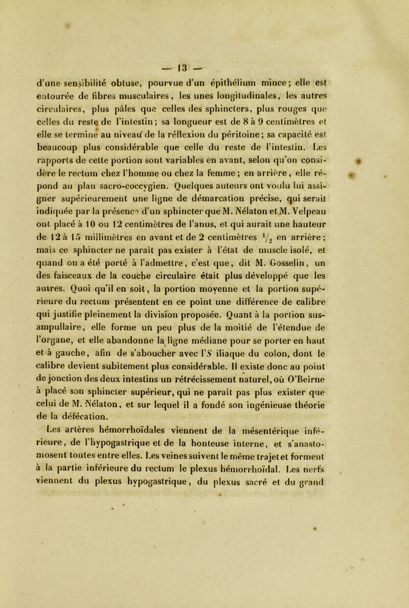 d’une sensibilité obtuse, pourvue d’un épithélium mince; elle est entourée de libres musculaires, les unes longitudinales, les autres circulaires, plus pâles que celles des sphincters, plus rouges que celles du reste de Tintestin; sa longueur est de 8 à 9 centimètres et elle se termine au niveau de la réflexion du péritoine; sa capacité est beaucoup plus considérable que celle du reste de l’intestin. Les rapports de cette portion sont variables en avant, selon qu’on consi- dère le rectum chez l’homme ou chez la femme ; en arrière , elle ré- pond au plan sacro-coccygien. Quelques auteurs ont voulu lui assi- gner supérieurement une ligne de démarcation précise, qui serait indiquée par la présenc'^ d’un sphincter que M. Nélaton et M. Velpeau ont placé à 10 ou 12 centimètres de l’anus, et qui aurait une hauteur de 12 à 15 millimètres en avant et de 2 centimètres Y2 arrière; mais ce sphincter ne paraît pas exister à l’état de muscle isolé, et quand on a été porté à l’admettre, c’est que, dit M. Gosselin, un des faisceaux de la couche circulaire était plus développé que les autres. Quoi qu’il en soit, la portion moyenne et la portion supé- rieure du rectum présentent en ce point une différence de calibre qui justifie pleinement la division proposée. Quant à la portion sus- ampullaire, elle forme un peu plus de la moitié de l’étendue de l’organe, et elle abandonne la ligne médiane pour se porter en haut et à gauche, afin de s’aboucher avec l’V iliaque du colon, dont le calibre devient subitement plus considérable. Il existe donc au point de jonction des deux intestins un rétrécissement naturel, où O’Beirne à placé son sphincter supérieur, qui ne paraît pas plus exister que celui de M. iNélaton, et sur lequel il a fondé son ingénieuse théorie de la défécation. Les artères hémorrhoïdales viennent de la mésentérique infé- rieure, de l’hypogastrique et de la honteuse interne, et s’anasto- mosent toutes entre elles. Les veines suivent le même trajet et forment à la partie inférieure du rectum le plexus hémorrhoïdal. Les nerfs viennent du plexus hypogastrique, du plexus sacré et du grand