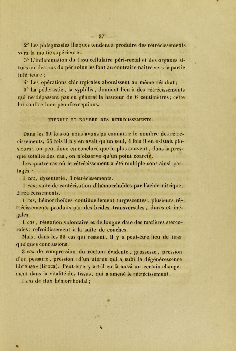 2° î.es pblegmasies iliaques tendent à produire des rétrécissements vers la moitié supérieure ; 3® L’inflammation du tissu cellulaire péri-rectal et des organes si- tués au-dessous du péritoine les font au contraire naître vers la partie inférieure ; 1° Les opérations chirurgicales aboutissent au même résultat ; 5° La pédérastie, la syphilis , donnent lieu à des rétrécissements qui ne dépassent pas en général la hauteur de 6 centimètres; cette loi souffre bien peu d’exceptions. ÉTENDUE ET NOMBRE DES RÉTRÉCISSEMENTS. Dans les 59 fois où nous avons pu connaître le nombre des rétré- cissements, 55 fois il n’y en avait (ju’un seul, 4 fois il en existait plu- sieurs ; on peut donc en conclure que le plus souvent, dans la pres- que totalité des cas, on n’observe qu’un point coarcté. Les quatre cas où le rétrécissement a été multiple sont ainsi par- tagés ; 1 cas y dysenterie, 3 rétrécissements. 1 cas^ suite de cautérisation d’hémorrhoïdes par l’acide nitrique, 2 rétrécissements. \ cas, hémorrhoïdes continuellement turgescentes; plusieurs ré- trécissements produits par des brides transversales, dures et iné- gales. 1 cas , rétention volontaire et de longue date des matières sterco- rales ; refroidissement à la suite de couches. Mais, dans les 55 cas qui restent, il y a peut-être lieu de tirer quelques conclusions. 3 cas de compression du rectum évidente, grossesse, pression d’un pessaire, pression «d’un utérus qui a subi la dégénérescence fibreuse» (Broca). Peut-être y a-t-il eu là aussi un certain change- ment dans la vitalité des tissus, qui a amené le rétrécissement. 1 cas de flux hémorrhoïdal ;