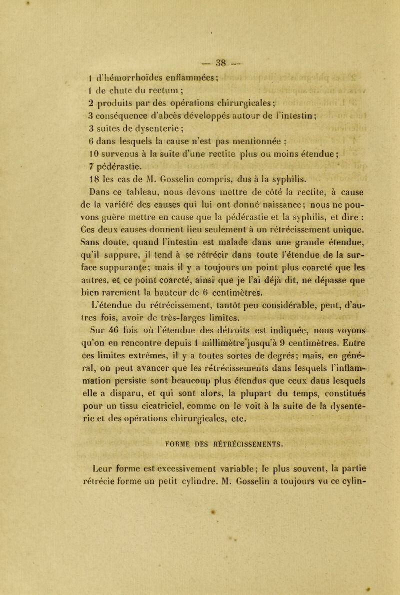 \ d’héaiorrhoïdes enflammées; 1 de chute du rectum ; 2 produits par des opérations chirurgicales; 3 conséquence d’abcès développés autour de i’intestin; 3 suites de dysenterie ; 6 dans lesquels la cause n’est pas mentionnée ; 10 survenus à la suite d’une rectite plus ou moins étendue; 7 pédérastie. 18 les cas de M. Gosselin compris, dus à la syphilis. Dans ce tableau, nous devons mettre de côté la rectite, à cause de la variété des causes qui lui ont donné naissance; nous ne pou- vons guère mettre en cause que la pédérastie et la syphilis, et dire : Ces deux causes donnent lieu seulement à un rétrécissement unique. Sans doute, quand l’intestin est malade dans une grande étendue, qu’il suppure, il tend à se rétrécir dans toute l’étendue de la sur- face suppurante; mais il y a toujours un point plus coarcté que les autres, et ce point coarcté, ainsi que je l’ai déjà dit, ne dépasse que bien rarement la hauteur de 0 centimètres. L’étendue du rétrécissement, tantôt peu considérable, peut, d’au- tres fois, avoir de très-larges limites. Sur 46 fois où l’étendue des détroits est indiquée, nous voyous qu’on en rencontre depuis 1 millimètre jusqu’à 9 centimètres. Entre ces limites extrêmes, il y a toutes sortes de degrés; mais, en géné- ral, on peut avancer que les rétrécissements dans lesquels l’inflam- mation persiste sont beaucoup plus étendus que ceux dans lesquels elle a disparu, et qui sont alors, la plupart du temps, constitués pour un tissu cicatriciel, comme on le voit à la suite de la dysente- rie et des opérations chirurgicales, etc. FORME DES RÉTRÉCISSEMENTS. Leur forme est excessivement variable; le plus souvent, la partie rétrécie forme un petit cylindre. JVÎ. Gosselin a toujours vu ce cylin-