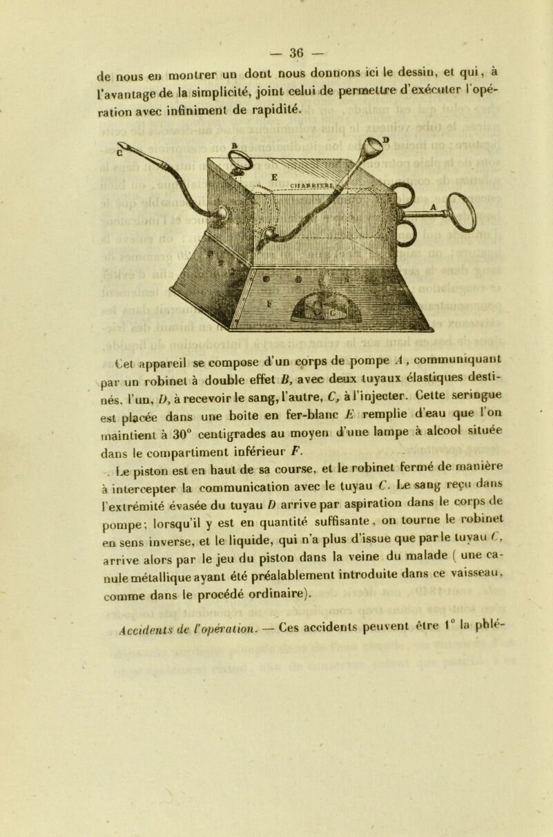 de nous en montrer un dont nous donnons ici le dessin, et qui, à l’avantage de :1a simplicité, joint celui de permettre d’exécuter l’opé- ration avec infiniment de rapidité. Cet appareil se compose d’un> corps de pompe A , communiquant pai’ un robinet à double effet B, avec deux tuyaux élastiques desti- nés, l’un, O, à recevoir le sang, l’autre, C, à l’injecter. Cette seringue est placée dans une boîte en fer-blanc E remplie d’eau que l’on maintient à 30^ centigrades au moyen d’une lampe à alcool située dans le compartiment inférieur F. Le piston est en haut de sa course, et le robinet fermé de manière à intercepter la communication avec le tuyau C. Le sang reçu dans l’extrémité évasée du tuyau D arrive par aspiration dans le corps de pompe; lorsqu’il y est en quantité suffisante, on tourne le robinet en sens inverse, et le liquide, qui n’a plus d’issue que parle tuyau C, arrive alors par le jeu du piston dans la veine du malade ( une ca- nule métallique ayant été préalablement introduite dans ce vaisseau, comme dans le procédé ordinaire). — Ces accidents peuvent être T la phlé- Àccidents de l'opération.