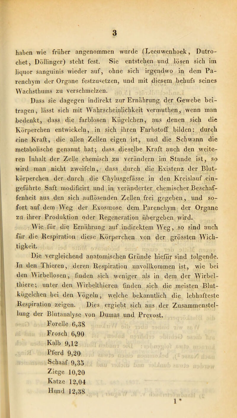 haben wie früher angenommen wurde (Leeuwenhoek, Dutro- chet, Düllinger) steht fest. Sie entstehen und lösen sich im liquor sanguinis wieder auf, ohne sich irgendwo in dem Pa- renchym der Organe festzusetzen, und mit diesem behufs seines VVachsthums zu verschmelzen. Dass sie dagegen indirekt zur Ernährung der Gewebe bei- tragen, lässt sich mit Wahrscheinlichkeit vermuthen, wenn man bedenkt, dass die farblosen Kügelchen, aus denen sich die Körperchen entwickeln, in sich ihren Farbstoff bilden: durch eine Kraft, die allen Zellen eigen ist, und die Schwann die metabolische genannt hat; dass dieselbe Kraft auch den weite- ren Inhalt der Zelle chemisch zu verändern im Stande ist, so wird man nicht zweifeln, dass durch die Existenz der Blut- körperchen der durch die Chylusgefdsse in den Kreislauf ein- geführte Saft modificirt und in veränderter chemischer Beschaf- fenheit aus den sich auflösenden Zellen frei gegeben, und so- fort auf dem Weg der Exosmose dem Parenchym der Organe zu ihrer Produktion oder Regeneration übergeben wird. Wie für die Ernährung auf indirektem Weg, so sind auch für die Respiration diese Körperchen von der grössten VYieh- tigkeit. Die vergleichend anatomischen Gründe hiefür sind folgende. In den Thieren, deren Respiration unvollkommen ist, wie bei den Wirbellosen, finden sich weniger als in dem der Wirbel- thiere; unter den Wirbelthieren finden sich die meisten Blut- kügelchen bei den Vögeln, welche bekanntlich die lebhafteste Respiration zeigen. Dies ergiebt sich aus der Zusammenstel- lung der Blutanalyse von Dumas und Prevost. Forelle 0,S8 Frosch 0,90 Kalb 9,12 Pferd 9,20 Schaaf 9,35 Ziege 10,20 Katze 12,04 Hund 12,38 1 *