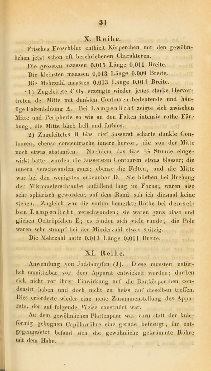 X. Reibe. Frisches Froschblut eulhielt Körperchea mit den gewöhn- lichen jetzt schon oft beschriebenen Charakteren. Die grössten maassen 0,015 Länge 0,011 Breite- Die kleinsten maassen 0,013 Länge 0,009 Breite. Die Mehrzahl maassen 0,013 Länge 0,011 Breite. •1) Zugeleitete C O2 erzeugte wieder jenes starke Hervor- treten der 3Iitte mit dunklen Contouren bedeutende und häu- fige Faltenbildung A. Bei Lampenlicht zeigte sich zwischen Mitte und Peripherie so wie an den Falten intensiv rothe Fär- bung, die Älitte blieb hell und farblos. 2) Zugeleitetes H Gas rief äusserst scharfe dunkle Con* touren, ebenso concentrische innere hervor, die von der Mitte noch etwas abstanden. Nachdem das Gas ba Stunde einge- wirkt hatte, wurden die äussersten Contouren etwas blasser; die Innern verschwanden ganz; ebenso die Falten, und die Älitte war bei den wenigsten erkennbar D. Sie blieben bei Drehung der Älikrometerschraiibe auffallend lang im Focus; waren also sehr sphärisch geworden; auf dem Hand sah ich diesmal keine stehen. Zugleich war die vorhin bemerkte BÖthe bei demsel- ben Lampenlicht verschwunden; sie waren ganz blass und glichen Oeltröpfchen E; es fanden sich viele runde; die Pole waren sehr stumpf bei der Minderzahl etwas spitzig. Die Mehrzahl hatte 0,013 Länge 0,011 Breite, XI. Reih c. Anwendung von Joddämpfen (J), Diese mussten natür- lich unmittelbar vor dem Apparat entwickelt werden; durften sich nicht vor ihrer Einwirkung auf die Blutkörperchen con- densirt haben und doch nicht zu heiss auf dieselben treffen. Bies erforderte wieder eine neue Zusammenstellung des Appa- rats, der auf folgende Weise conslruirt war. An dem gewöhnlichen Plattenpaar war vorn statt der knie- förmig gebognen Capillarröhre eine gerade befestigt; ihr ent- gegengesetzt befand sich die gewöhnliche gekrümmte Röhre mit dem Hahn,