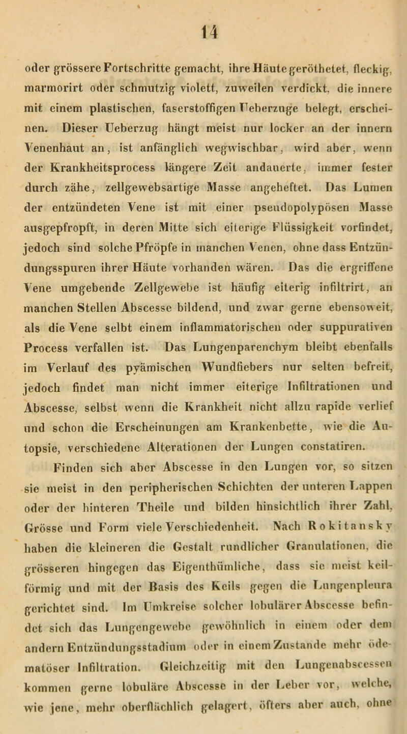 oder grössere Fortschritte gemacht, ihre Häute geröthetet, fleckig, marmorirt oder schmutzig violett, zuweilen verdickt, die innere mit einem plastischen, faserstoffigen üeherzuge belegt, erschei- nen. Dieser Ueberzug hängt meist nur locker an der innern Venenhaut an, ist anfänglich wegwischbar, wird aber, wenn der Krankheitsprocess längere Zeit andauerte, immer fester durch zähe, zellgewebsartige Masse angeheftet. Das Lumen der entzündeten Vene ist mit einer pseudopolvpösen Masse ausgepfropft, in deren Mitte sich eiterige Flüssigkeit vorfindet, jedoch sind solche Pfropfe in manchen Venen, ohne dass Entzün- dungsspuren ihrer Häute vorhanden wären. Das die ergriffene Vene umgebende Zellgewebe ist häufig eiterig infiltrirt, an manchen Stellen Abscesse bildend, und zwar gerne ebensoweit, als die Vene selbt einem inflammatorischen oder suppurativen Process verfallen ist. Das Lungenparenchym bleibt ebenfalls im Verlauf des pyämischen Wundfiebers nur selten befreit, jedoch findet man nicht immer eiterige Infiltrationen und Abscesse, selbst wenn die Krankheit nicht allzu rapide verlief und schon die Erscheinungen am Krankenbette, wie die Au- topsie, verschiedene Alterationen der Lungen constatiren. Finden sich aber Abscesse in den Lungen vor, so sitzen sie meist in den peripherischen Schichten der unteren Lappen oder der hinteren Theile und bilden hinsichtlich ihrer Zahl, Grösse und Form viele Verschiedenheit. Nach Rokitansky haben die kleineren die Gestalt rundlicher Granulationen, die grösseren hingegen das Eigenthiimliche, dass sie meist keil- förmig und mit der Basis des Keils gegen die Lnngenpleura gerichtet sind. Im Umkreise solcher lobulärer Abscesse befin- det sich das Lungengewebe gewöhnlich in einem oder dem andern Entzündungsstadium oder in einem Zustande mehr öde- matöser Infiltration. Gleichzeitig mit den Lungenabseessen kommen gerne lobuläre Abscesse in der Leber vor, welche, wie jene, mehr oberflächlich gelagert, öfters aber auch, ohne