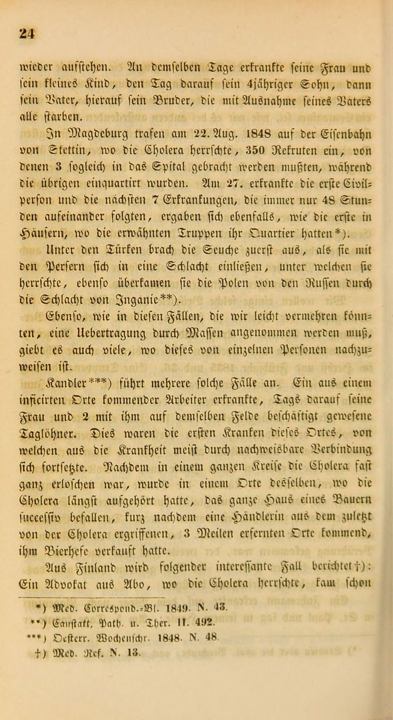 roicbcr aufftcljcn. 21n bcmfclbcn läge crfranftc feine grau unt> fein fleincö Äittb, bett Xag barauf fein 4jdprigcr Soijn, bann fein Witter, hierauf fein 33ruber, bie mit 2luönaßnte feineö 33aterö alle ßarben. git 5)?agbcburg trafen am 22.21ug. 1848 auf ber (Sifenba^n von Stettin, wo bie Spolera l)crrfct)tc, 350 Sftefruten ein, von betten 3 foglcid) in ba6 Spital gebrari)t re erben mußten, mäprenb bie übrigen einquartirt mürben. 21m 27. crfranftc bie erfie Sivils perfon unb bie näcbßen 7 Srfranfungen, bie immer nur 48 Stirn: ben aufeinattber folgten, ergaben jtd) ebenfalls, wie bie erfte in Xtdufern, mo bie ermähnten Xruppen tpr Duartier patten*). Unter ben Xürfcn brad) bie Scudjc jueuß auS, als fte mit ben fperfern ftd) in eine Sd)lad)t entließen, unter mclrftcn ße perrfeßte, ebenfo Überfamen fte bie ßiolen 0011 ben Dtuffen burd) bie Sd)lad)t 001t gnganie**). Sbcnfo, roie in biefen gatten, bie mir leid)t vermeßren föttn= tett, eine Uebertraguttg burd) Waffen angenommen merbett muß, giebt eS aud) oiele, mo biefeS von einzelnen ^etfonctt nad)$u= weifen iß. ^anbler***) füßrt mehrere foldje gäHe an. Sin auS einem infteirten £rte fontmenber 2lrbeitcr crfranftc, XagS barauf feine grau unb 2 mit tßtit auf bentfelben gelbe befdjäftigt gemefenc Xaglüßncr. Dieö maren bie erften Äranfcit btefee- SDrfeS, von melden auö bie Äratifßeit nteiß burd) nad)mciöbarc 2>erbinbung ßd) fortfcfjte. Oiadjbem in einem gaitjcn greife bie Spolera faß ganj erlofcßen mar, mürbe in einem Drtc beefelbctt, mo bie Spolera lattgß aufgepört patte, baS gan$c «flaue eincS dauern fucccfßv befallen, futj nadtbent eine Jpänblcrin auS beut $ulcfct von ber Spolera ergriffenen, 3 teilen erfernten £rte fommenb, ipm 23icrpcfe verfauft patte. 21 uö ginlanb wirb folgcttber intcrcffantc gaU bcridjtett): Sin 21bvofat auö 2lbo, mo bie Spolera pcrrfd)tc, faut fri)ou *) Wct). @orrc{Sppiib.=23l. 1840. N. 43. **) Saitßaft, !bot(i. 11. Xber. II. 402. *’*) Ocfterr. 2Bod)enict)r. 1848- N. 48. + ) UteD. ;Hcf. N. 13.