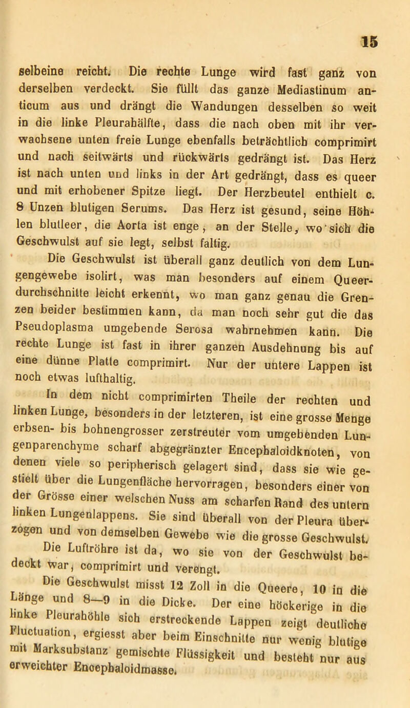 selbeine reicht. Die rechte Lunge wird fast ganz von derselben verdeckt. Sie füllt das ganze Mediastinum an- ticum aus und drängt die Wandungen desselben so weit in die linke Pleurahälfte, dass die nach oben mit ihr ver- waohsene unten freie Lunge ebenfalls beträchtlich comprimirt und nach seitwärts und rückwärts gedrängt ist. Das Herz ist nach unten und links in der Art gedrängt, dass es queer und mit erhobener Spitze liegt. Der Herzbeutel enthielt c. 8 Unzen blutigen Serums. Das Herz ist gesund, seine Höh- len blutleer, die Aorta ist enge, an der Stelle, wo sich die Geschwulst auf sie legt, selbst faltig. Die Geschwulst ist überall ganz deutlich von dem Lun- gengewebe isolirt, was man besonders auf einem Queer- durchschnilte leicht erkennt, wo man ganz genau die Gren- zen beider bestimmen kann, da man noch sehr gut die das Pseudoplasma umgebende Serosa wahrnehmen kann. Die rechte Lunge ist fast in ihrer ganzen Ausdehnung bis auf eme dünne Platte comprimirt. Nur der untere Lappen ist noch etwas lufthaltig. In dem nicht comprimirten Theile der rechten und linken Lunge, besonders in der letzteren, ist eine grosse Menge erbsen- bis bohnengrosser zerstreutdr vom umgebenden Lun- genparenchyme scharf abgegränzter Encephaloidknoten, von denen viele so peripherisch gelagert sind, dass sie wie ge- stielt über die Lungenfläche hervorragen, besonders einer von der Grösse einer welschen Nuss am scharfen Rand des untern linken Lungenlappens. Sie sind überall von der Pleura über- zogen und von demselben Gewebe wie die grosse Geschwulst. Die Luftröhre ist da, wo sie von der Geschwulst be- deckt war, comprimirt und verengt. Die Geschwulst misst 12 Zoll in die Queere, 10 in die r r»y*n^ ^ ° ^er eiQe höckerige in die inke Pleurahöhle sich erstreckende Lappen zeigt deutliche uctuat.on erg,esst aber beim Einschnitte nur wenig blutige rmt Marksubstanz gemischte Flüssigkeit und besieht nur aus erweichter Enoepbaloidmasse.