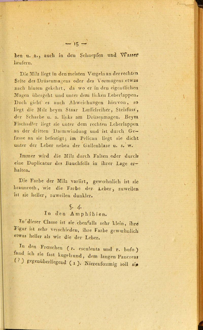 / I — *5 — fcen u. a.j auch in den Schnepfen und Wasser1 lseufern. DieMilz liegt in den meisten Vccgelnan der rechten Seite des Drüsenmagens oder des V ormägens etwas nach hinten gekehrt, da wo er in den eigentlichen Magen übergeht und unter dem linken Leberlappen. Doch giebl es auch Abweichungen hiervon, so liegt die Milz beym Staat- Loeffelreilier, Steisfuss, der Schai be u. a. links am Drüsenmagen. Beym Fischadler liegt sie unter dem rechten Leberlappen au der d'itten Darmwiudung und ist durch Ge— fasse an sie befestigt 5 im Pclican liegt sie dicht unter der Leber neben der Gallenblase u. s. w. Immer wild die Milz durch Falten oder durch eine Duplicatur des Bauchfells in ihrer Lage er- halten. Die Farbe der Milz variirt, gewoehnliclr ist sie braum oth, Avie die Farbe der .Leber, zuweilen ist sie heller, zuweilen duukler. S- 4- In den Amphibien. Tn dieser Classe ist sie ebenfalls sehr klein, ihre Figur ist sehr verschieden, ihre Farbe gcwoehnlich etwas heller als wie die der Leber. In den Frceschen ( r. esculeuta und r. bufo ) d ich sie fast kugelt und, dem langen Fancreas J gegenübetliegend ( 1 }. Niereufocrmig soll st>