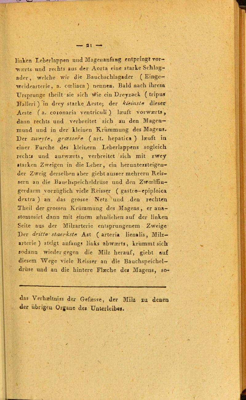 — 21 — linken Leberlappen und Magenanfang entpringt vor- wärts und rechts aus der Aorta eine starke Schlag-* adrr, welche wir die Baucbschlagader ( Einge— ■wcidearterie, a. cosliaca ) nennen. Bald nach ihrem Ursprünge theilt sie sich wie ein Dreyzack ( tripus Halleri ) in drey starke Aeste; der kleinste dieser Aeste ( a. coionaria ventriculi ) laeuft vorwaerts , dann rechts und verbreitet sich an den Magen— mund und in der kleinen Krümmung des Magens. Der zweyte, greessere ( art. hepatic« ) laeuft in einer Furche des kleinern Leberlappens sogleich rechts und auswaerts, verbreitet sich mit zwey «taiken Zweigen in die Leber, ein heruntersteigeu- der Zweig derselben aber giebt ausser mehrern Reis- sern an die Bauchspeicheldrüse und den Zwölffin- gerdarm vorzüglich viele Reisser ( gastro-epiploica dextra ) an das grosse Netz und den rechten Theil der grossen Krümmung des Magens, er ana- stomosirt dann mit einem sehnlichen auf der linken Seile aus der Milzarterie enlsprungenem Zweige Der dritte staerkste Ast ( arteria lienalis, Milz— arterie ) steigt anfangs links abweerts, krümmt sich sodann wieder gegen die Milz herauf, giebt auf diesem Wege viele Reisser an die Bauchspeichel- drüse und an die hintere Flaeche des Magens, so- das Verhaeltniss der Gefsesse, der Milz zu denen der übrigen Orgaue des Unterleib#«.